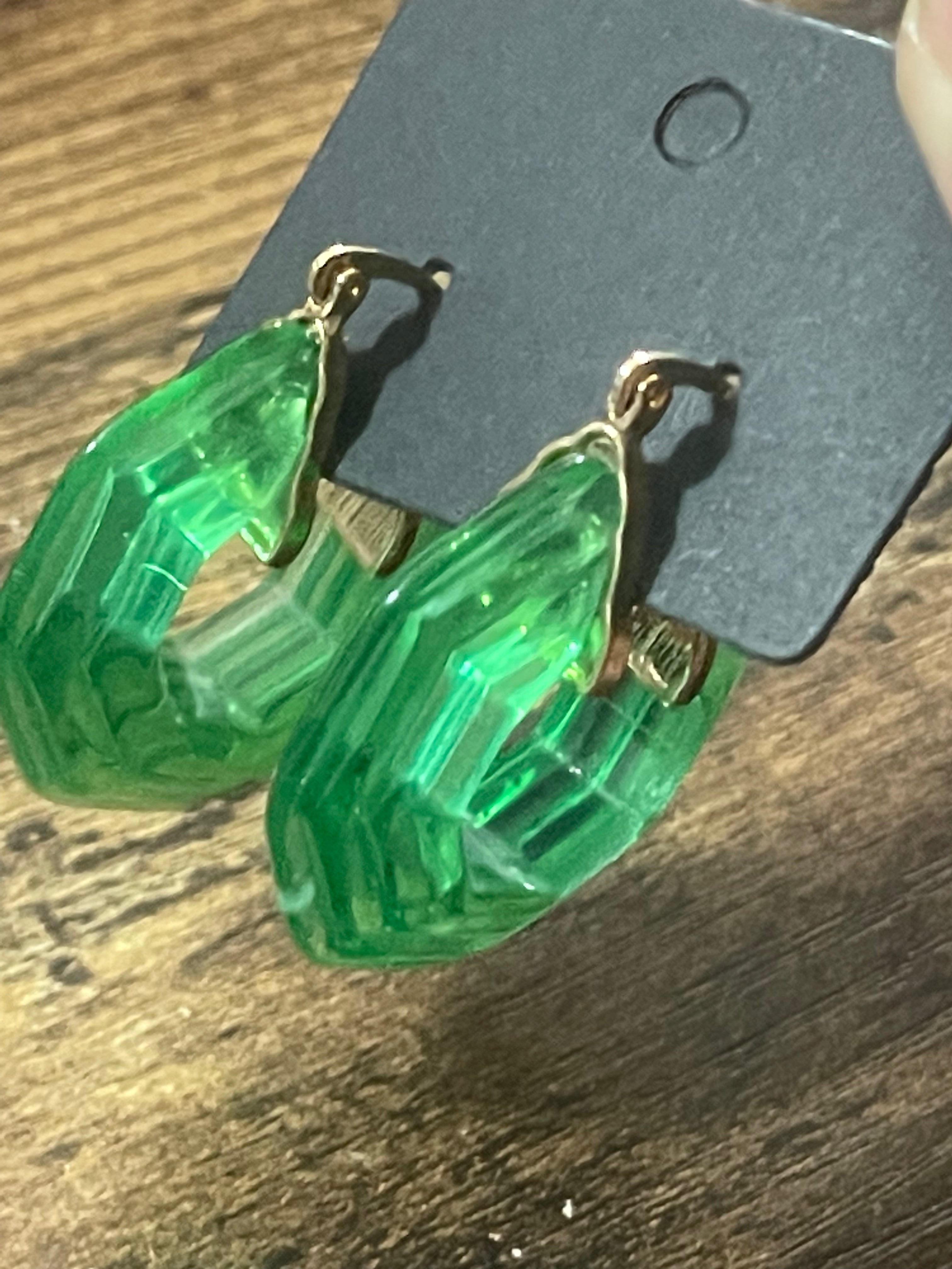Octagonal bright green clear acrylic gold tone hoop earrings