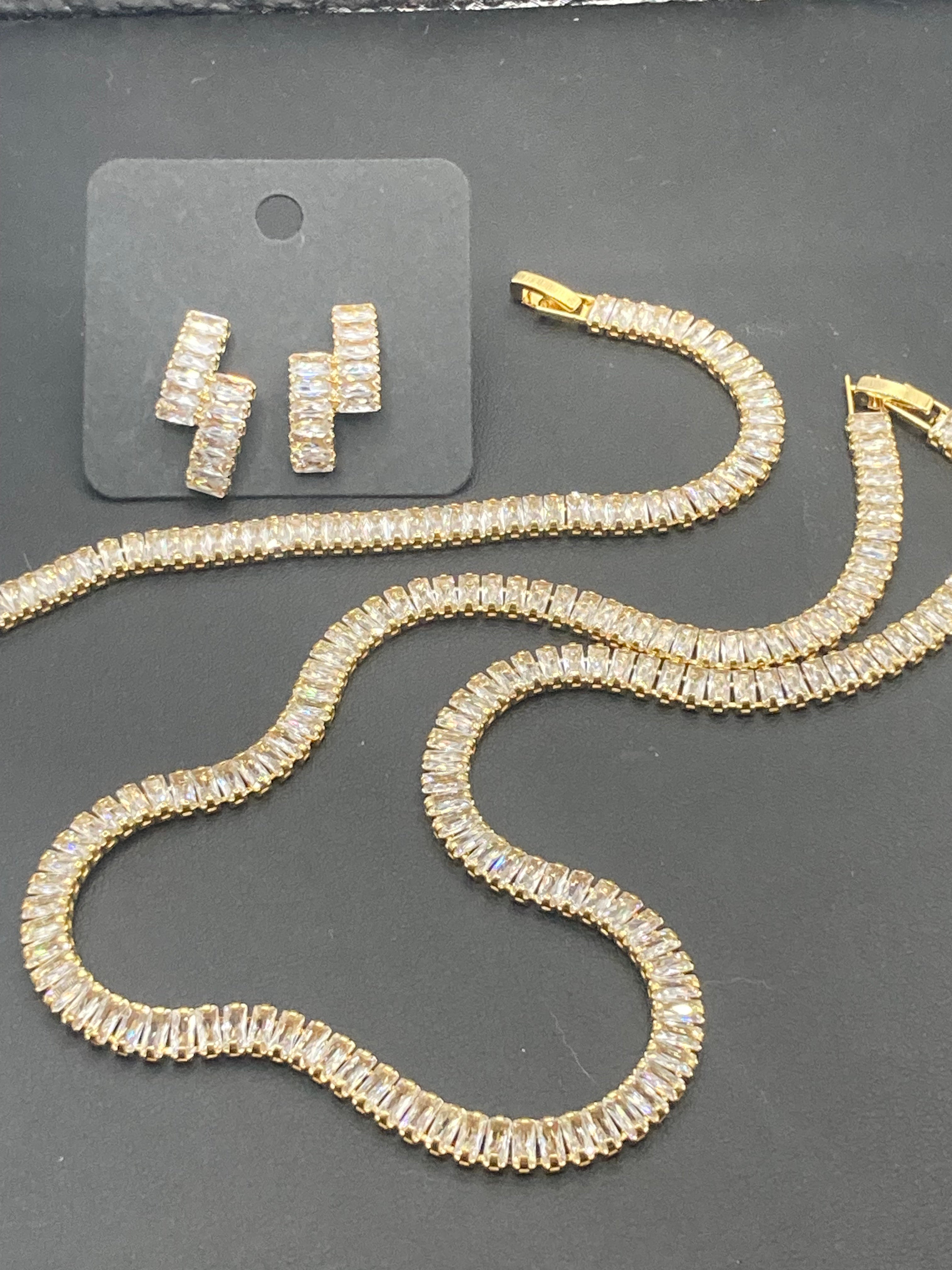 High End clear CZ necklace baguette Crystal diamanté gold plated