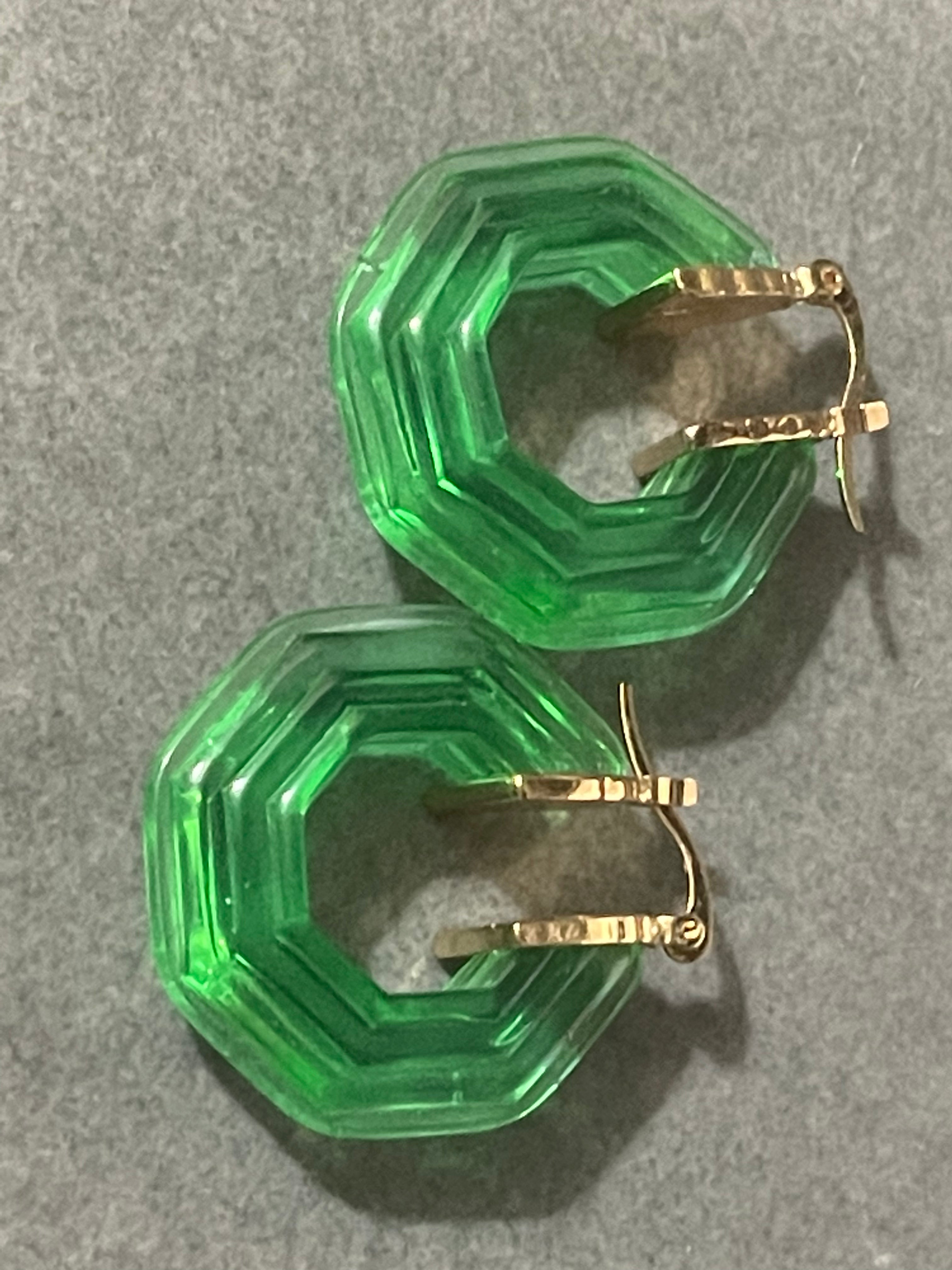Octagonal bright green clear acrylic gold tone hoop earrings
