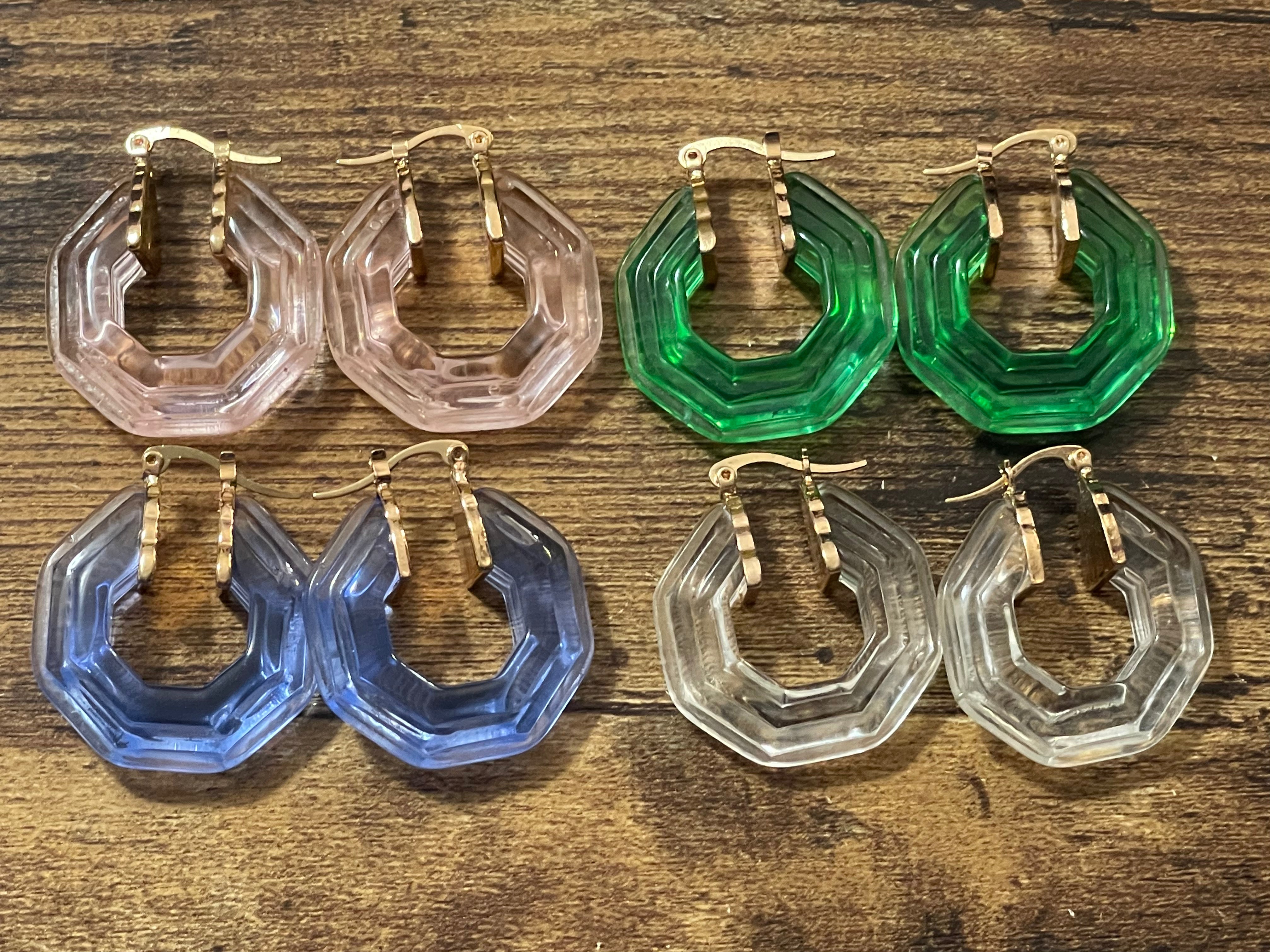 Octagonal Clear acrylic gold tone hoop earrings