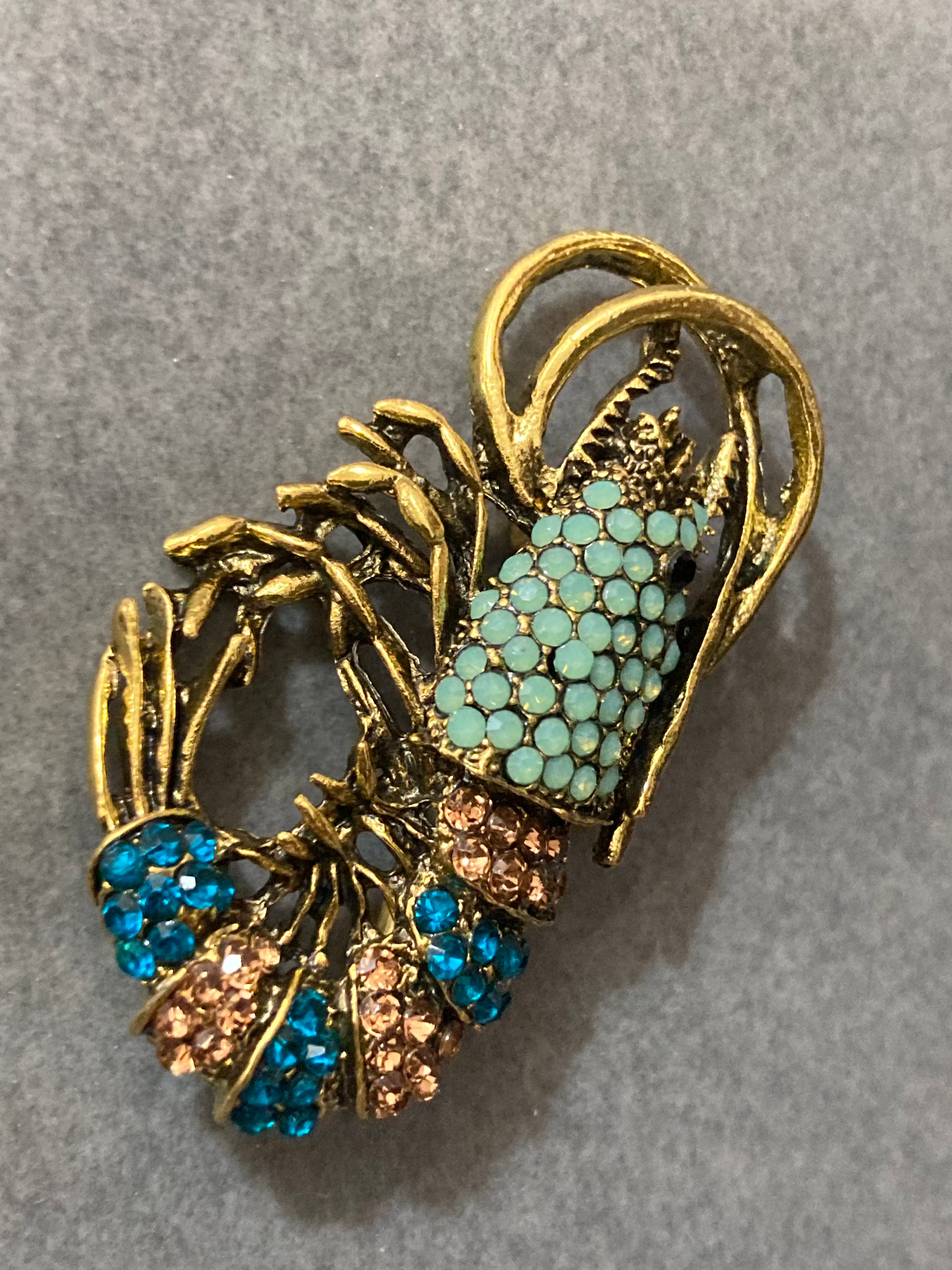 Gold diamanté shrimp prawn brooch