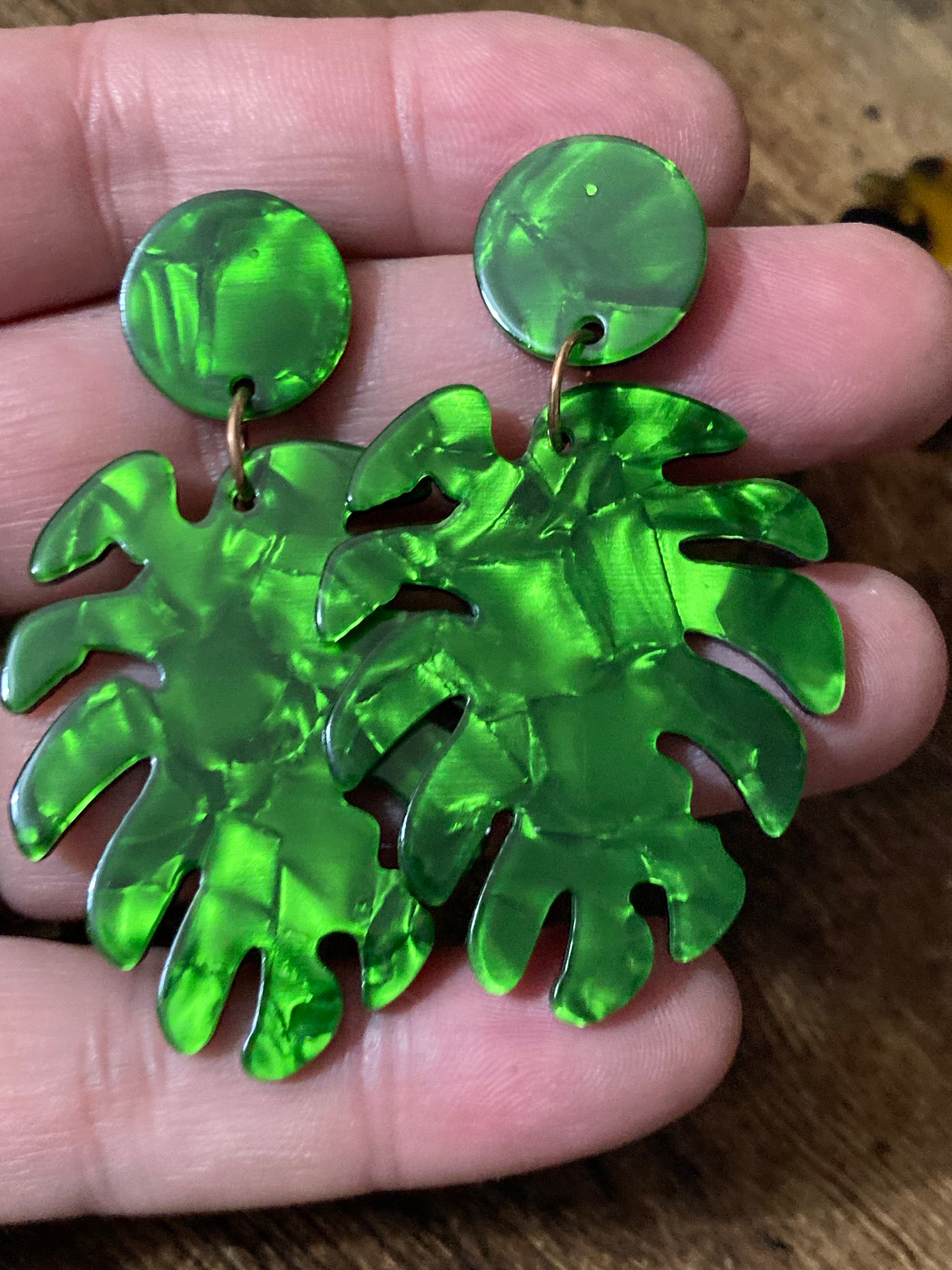 Green marbled acrylic palm leaf earrings