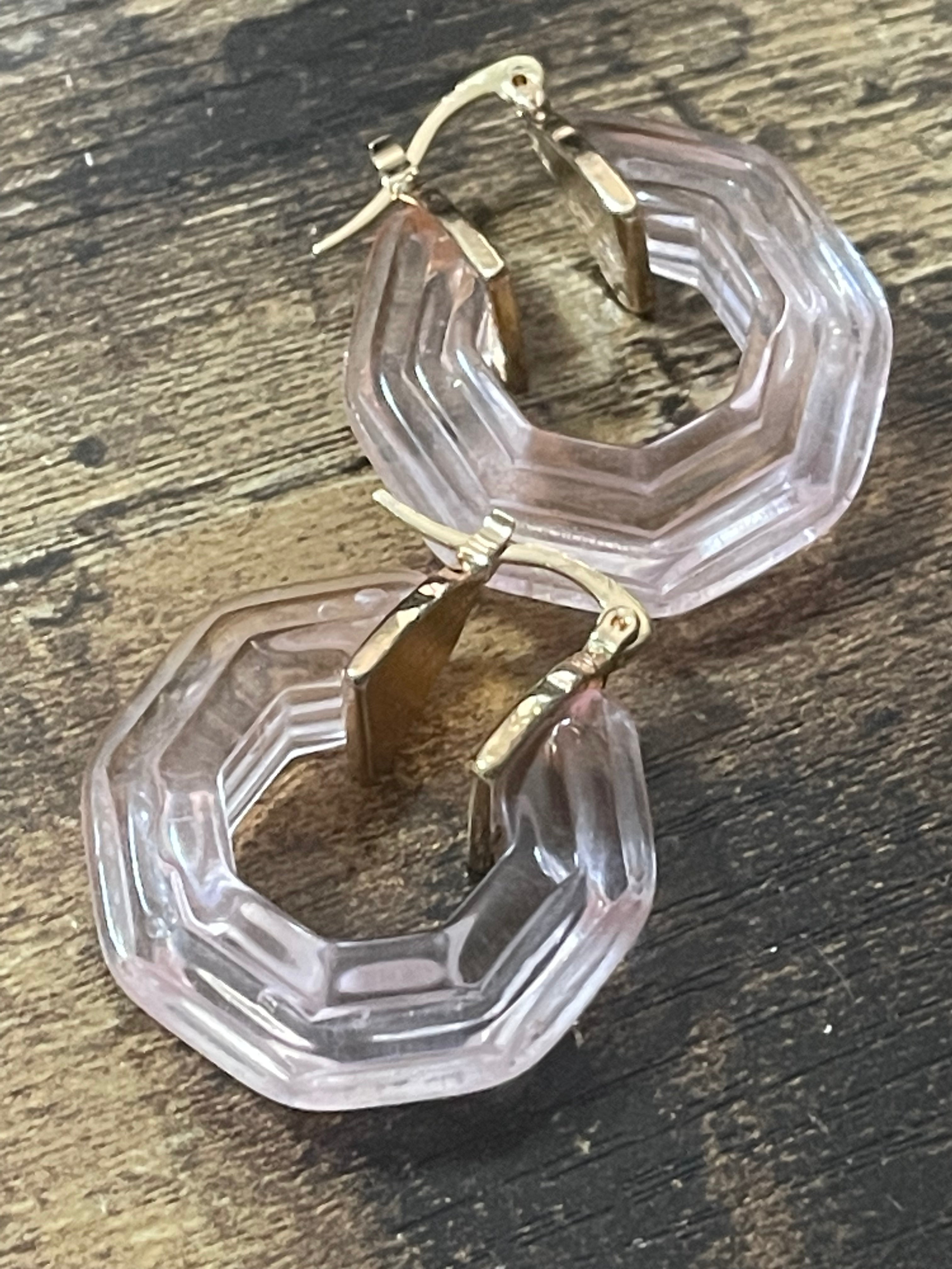 Octagonal blush pink acrylic gold tone hoop earrings