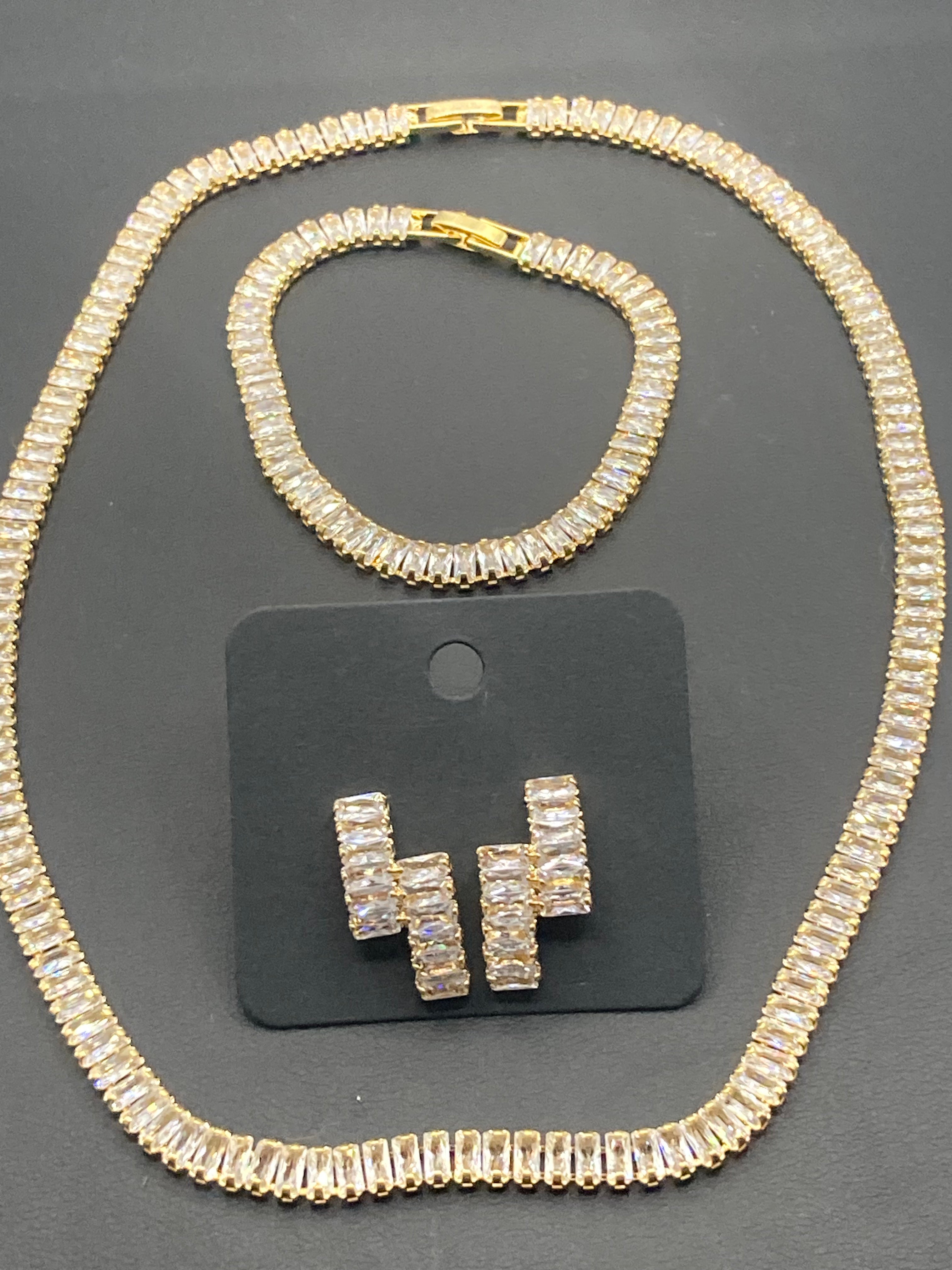 High End clear CZ necklace baguette Crystal diamanté gold plated