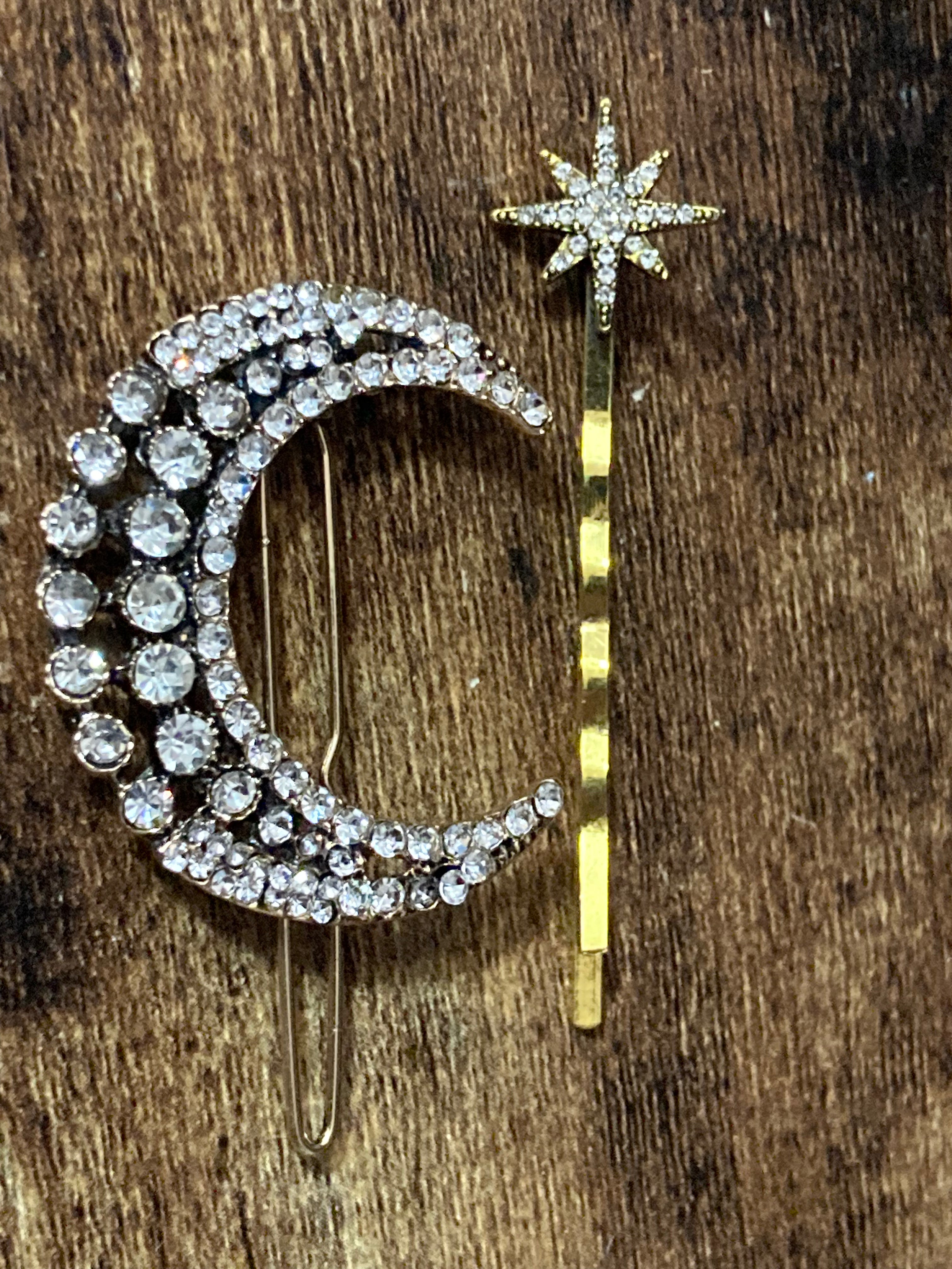 Diamanté Crescent moon and star pair of hair slides