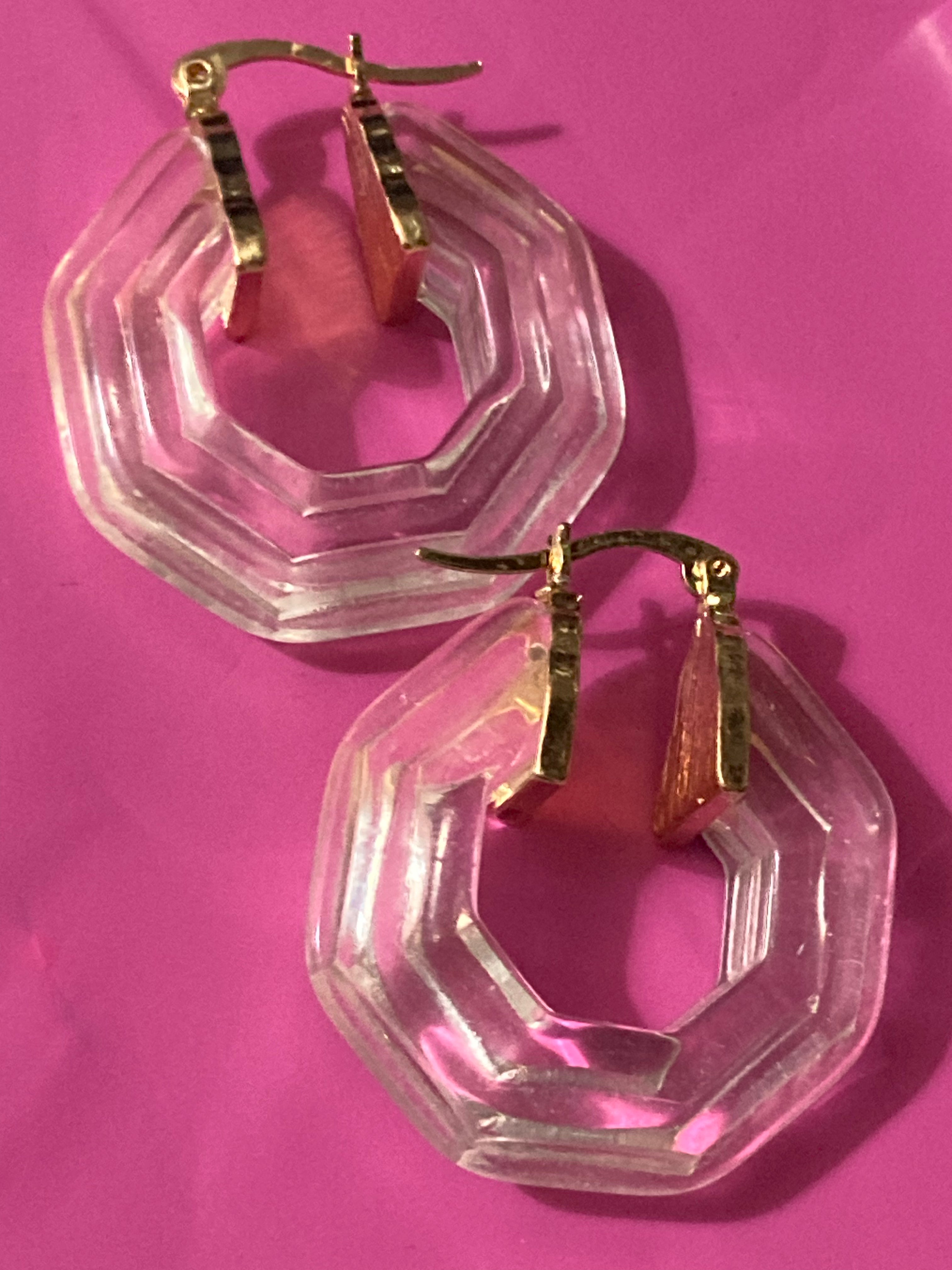 Octagonal Clear acrylic gold tone hoop earrings
