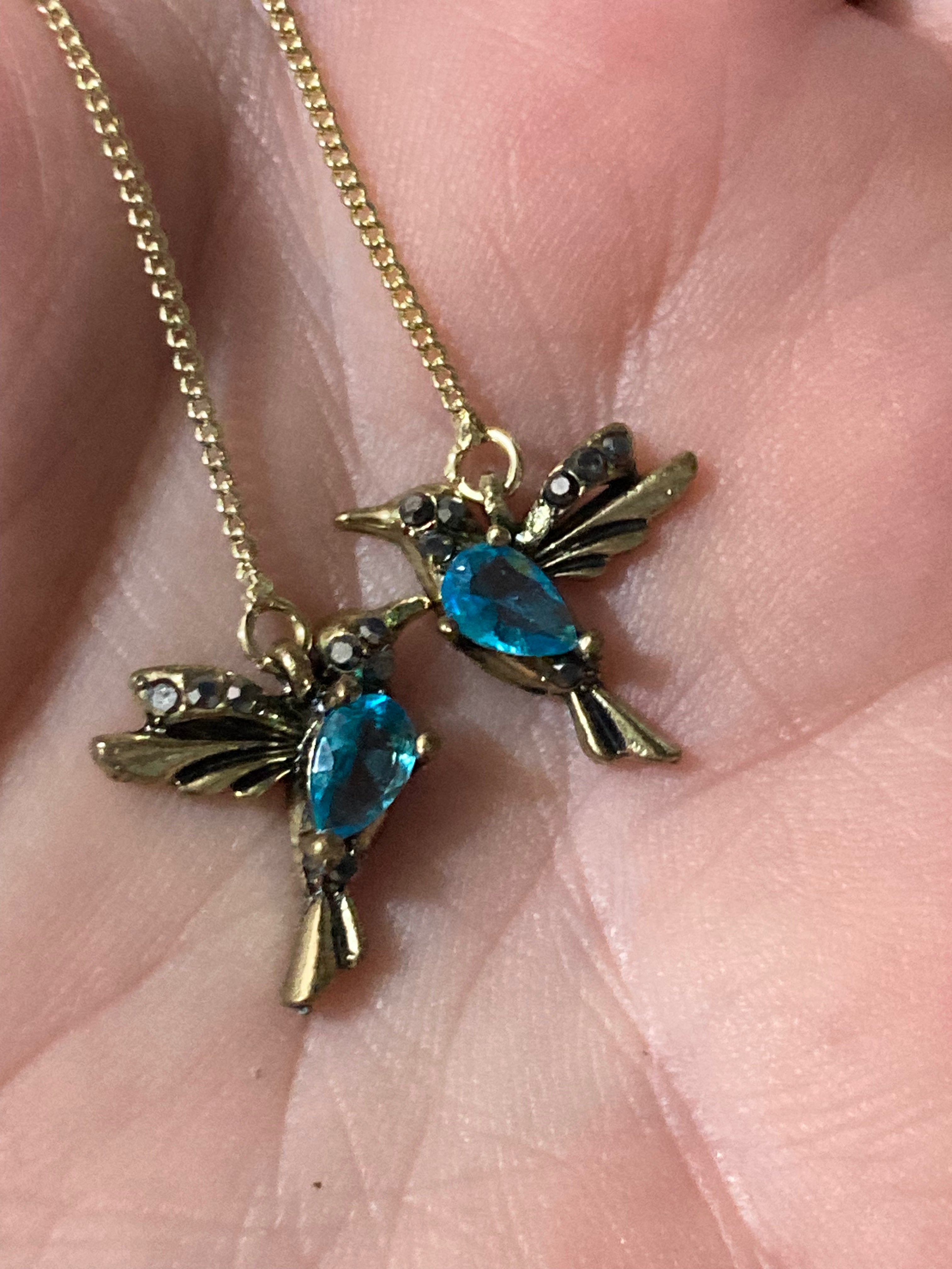 Blue diamanté marcasite blue Crystal bird threader earrings