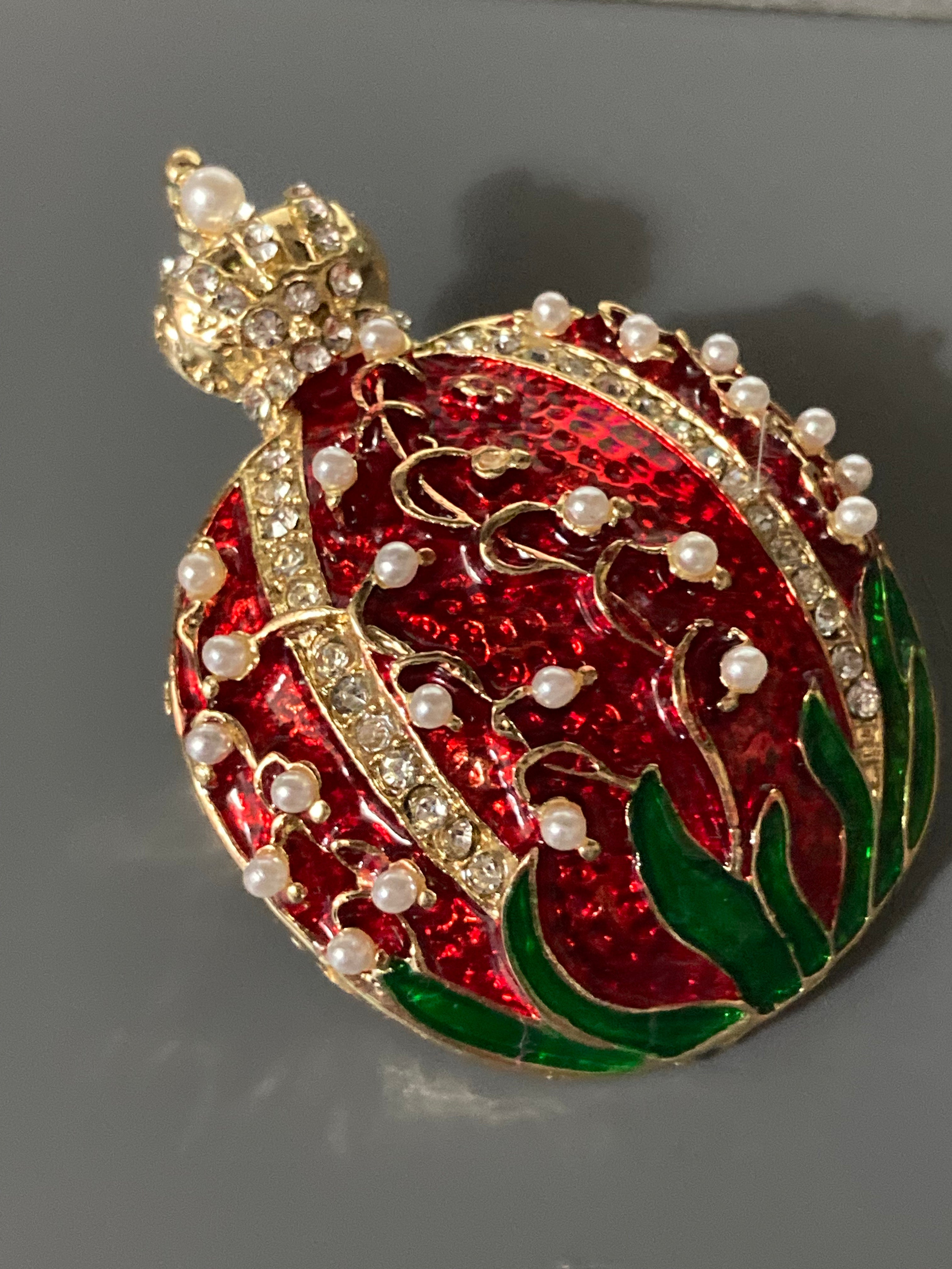 Red enamel royal crown pomegranate fruit brooch