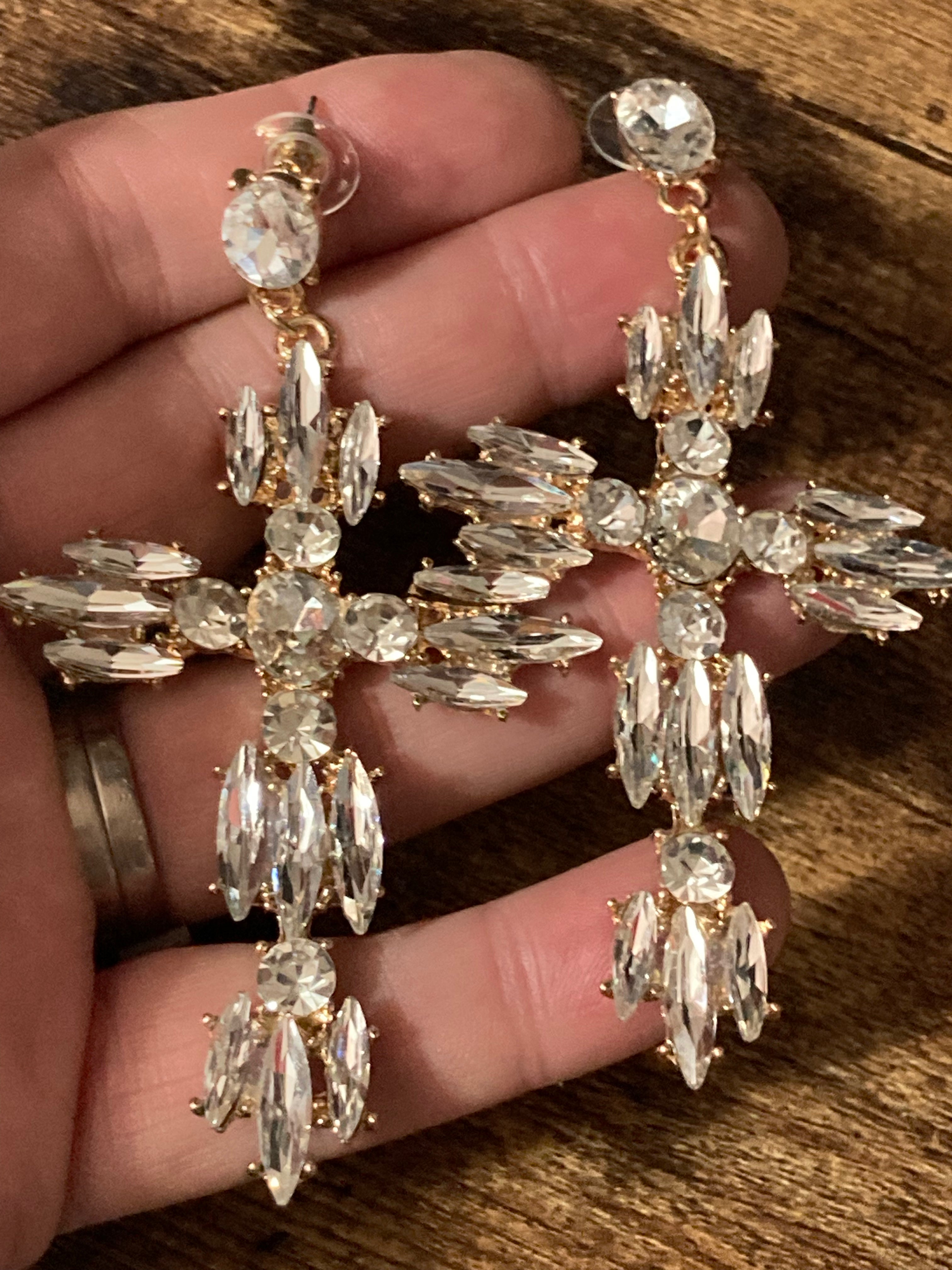 Oversized diamanté cross earrings