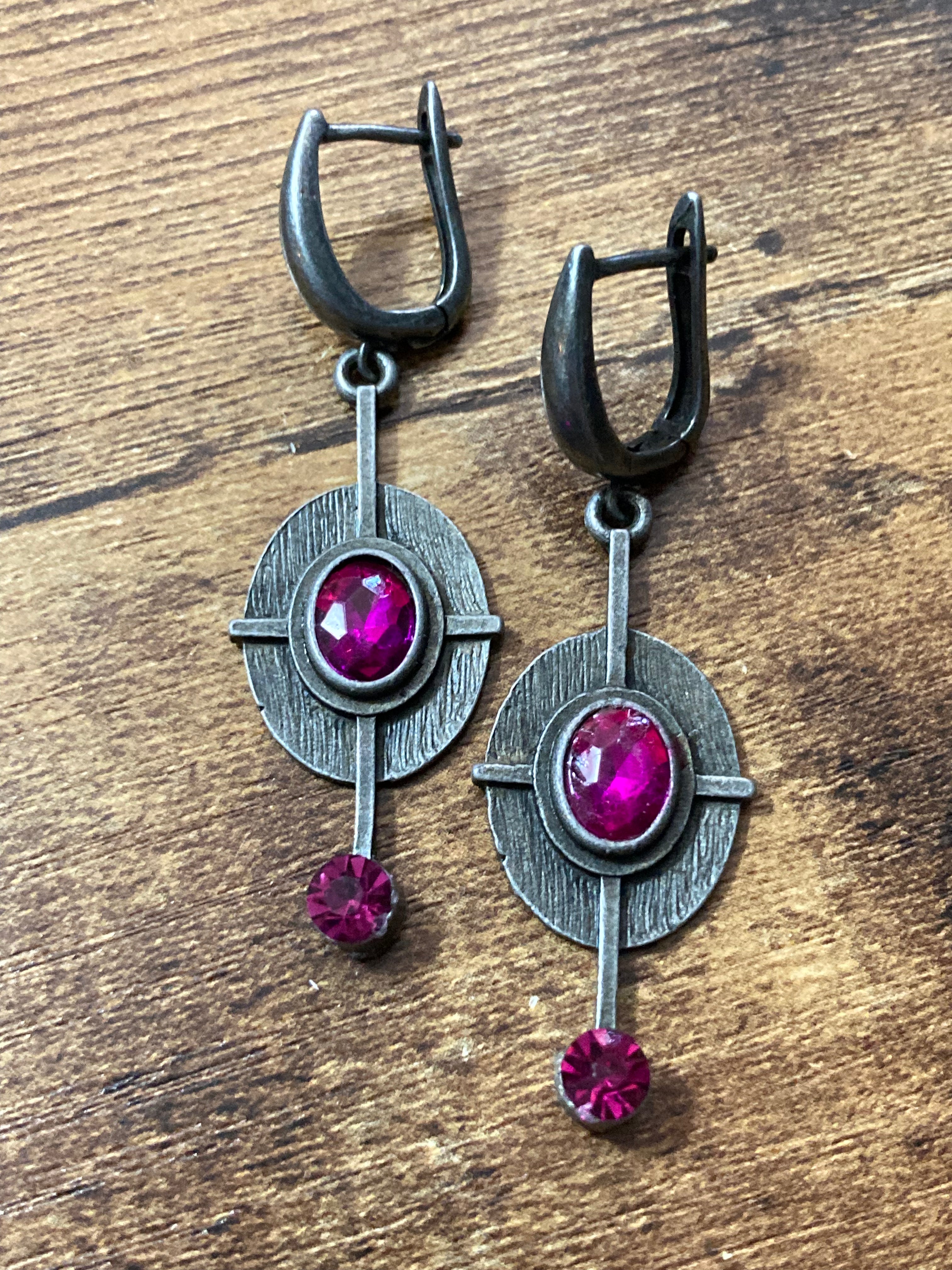 Modernist hot pink diamanté drop earrings