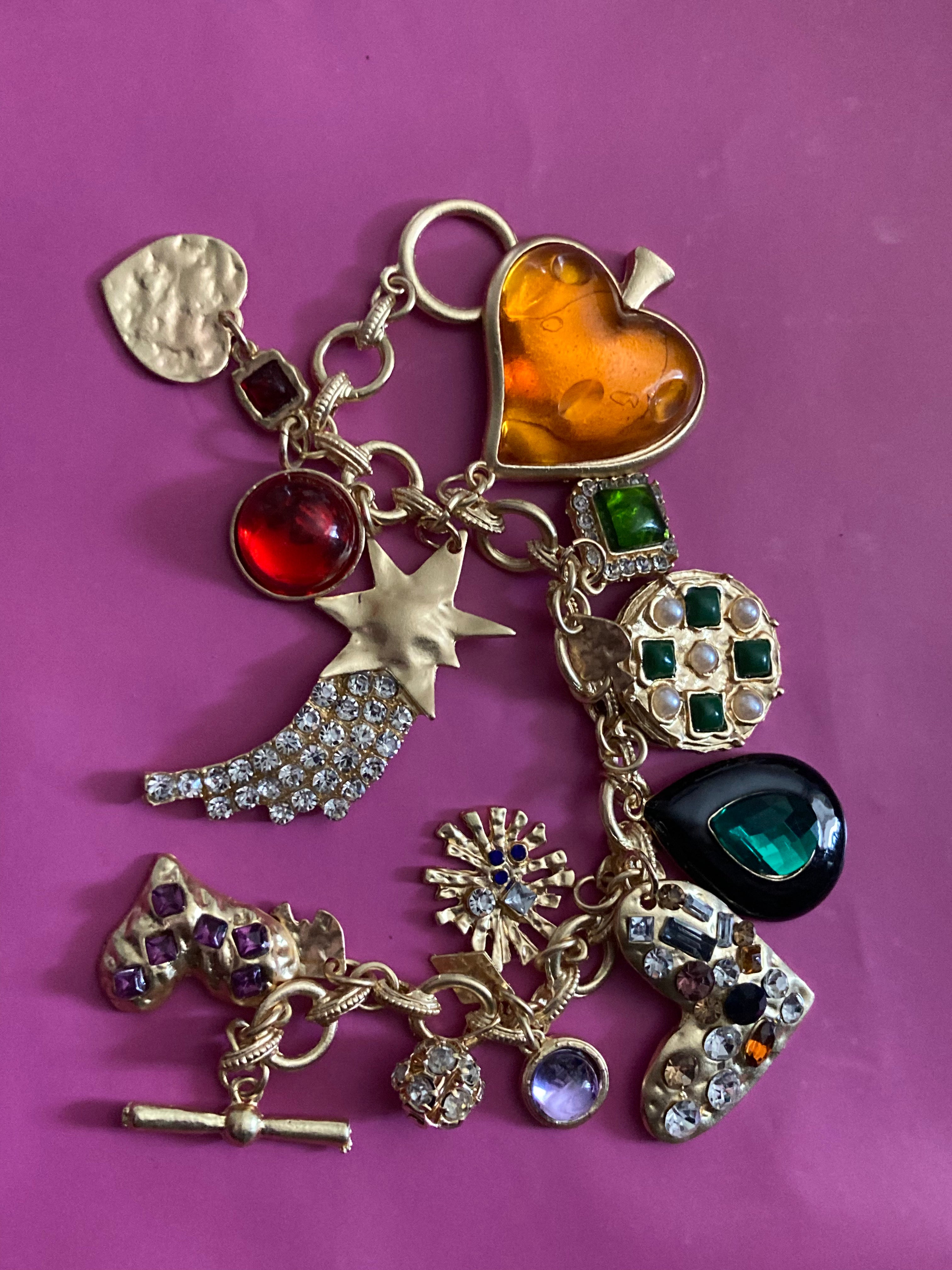 Vintage style chunky gold charm bracelet love hearts stars