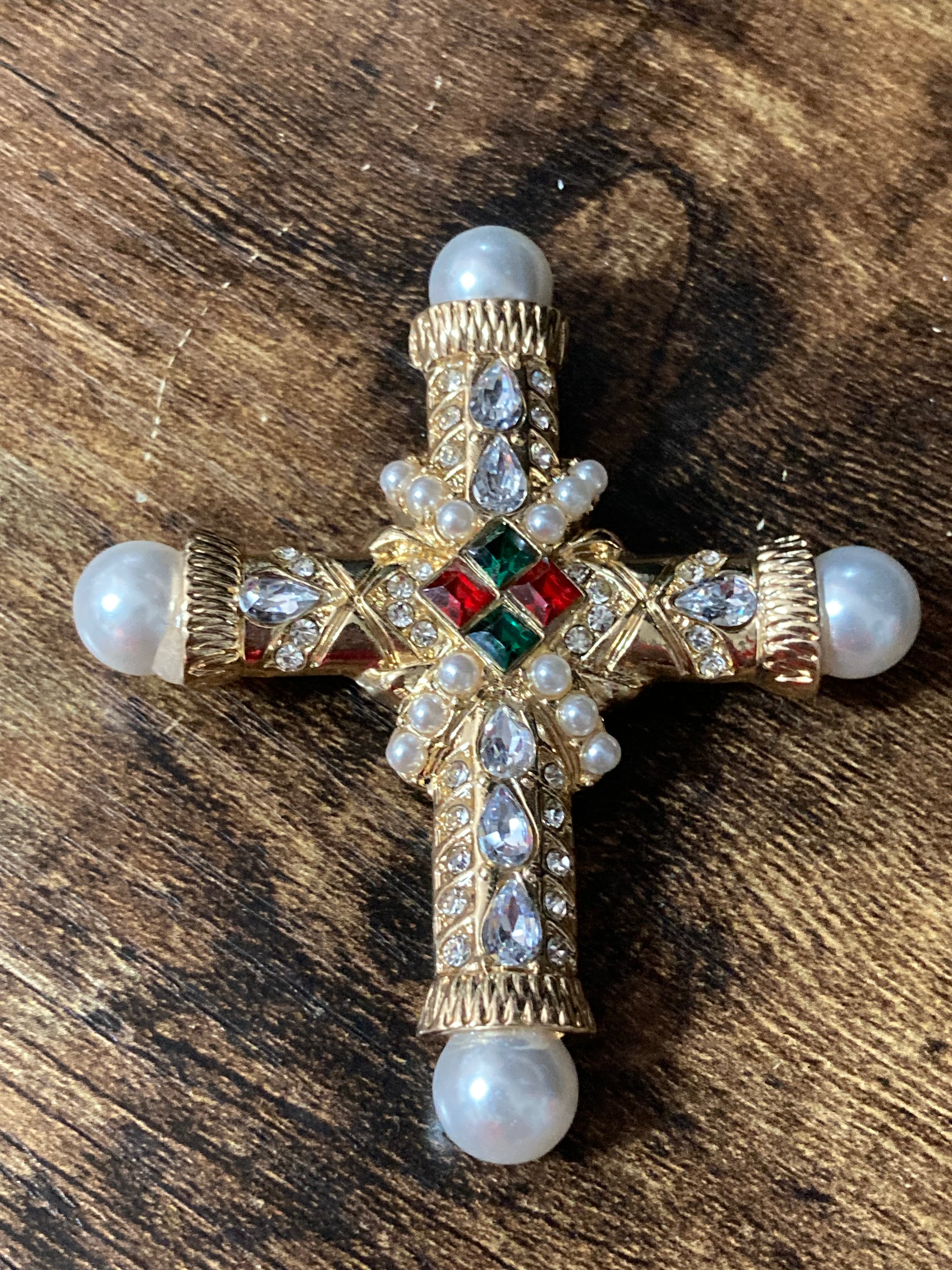 gold cross brooch and pendant with pearl and diamanté
