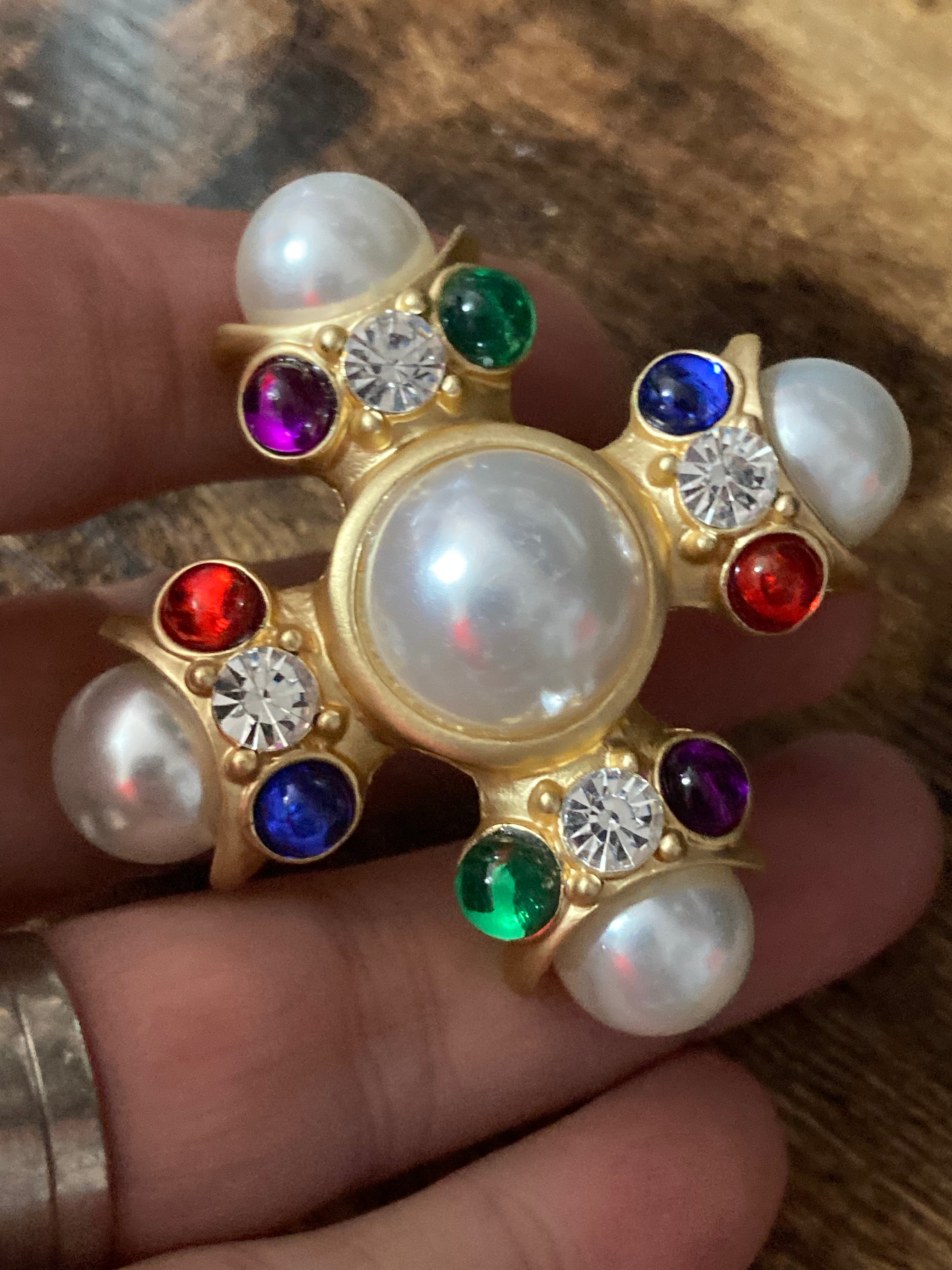 Large diamanté pearl Maltese cross brooch and pendant