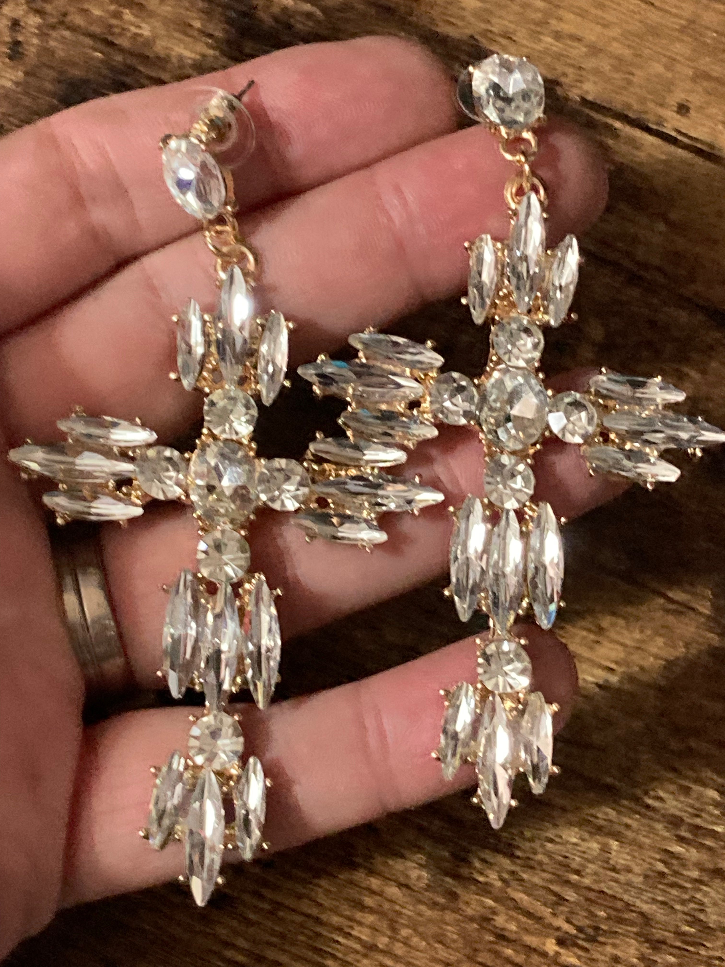Oversized diamanté cross earrings