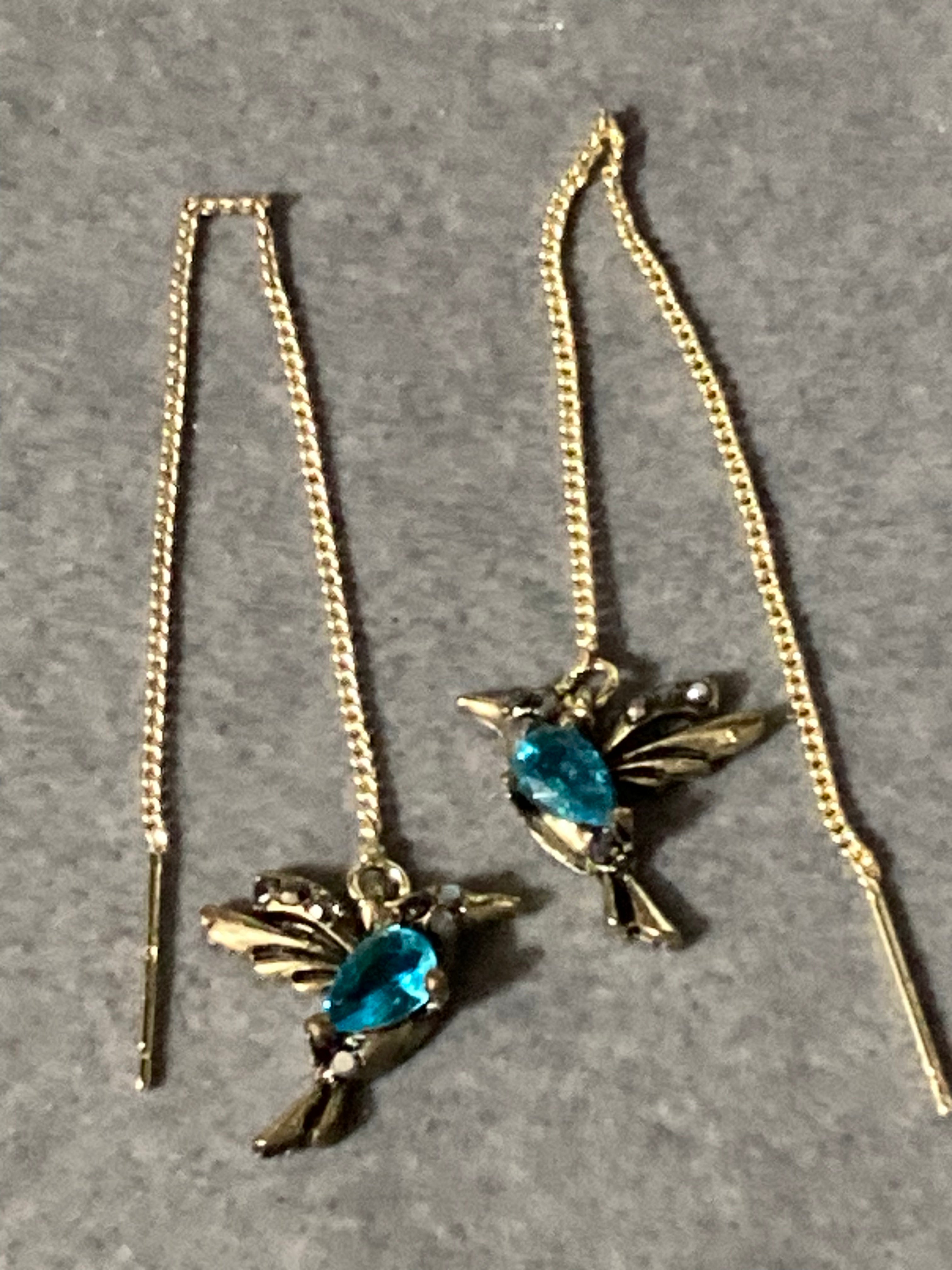 Blue diamanté marcasite blue Crystal bird threader earrings