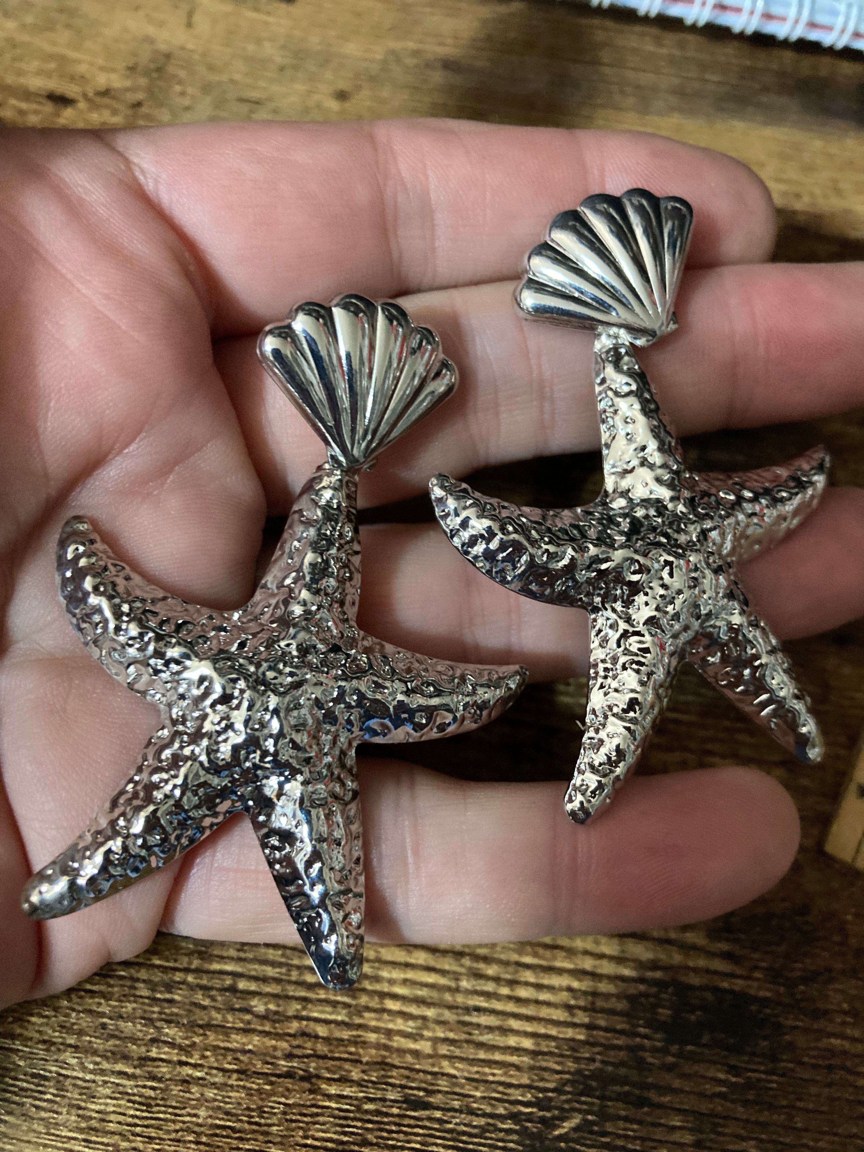 Oversized silver metal starfish earrings