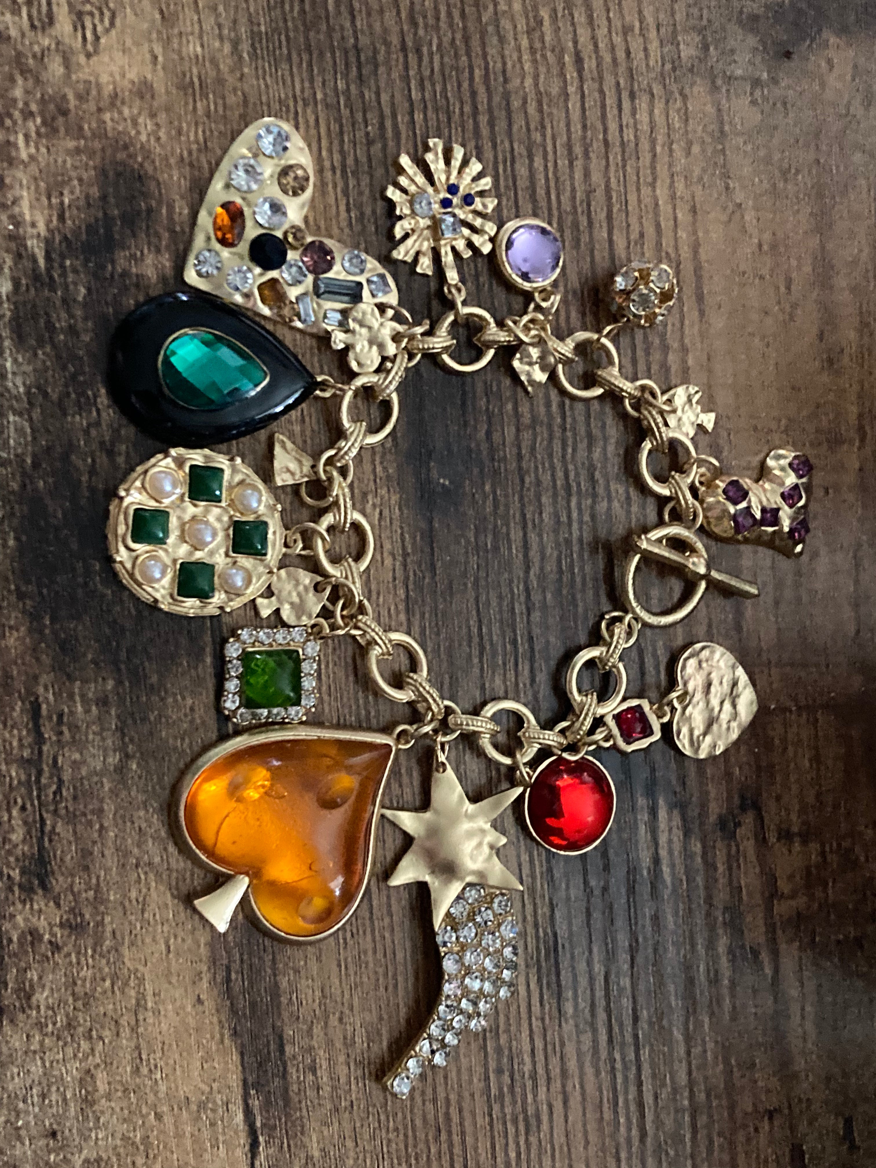 Vintage style chunky gold charm bracelet love hearts stars