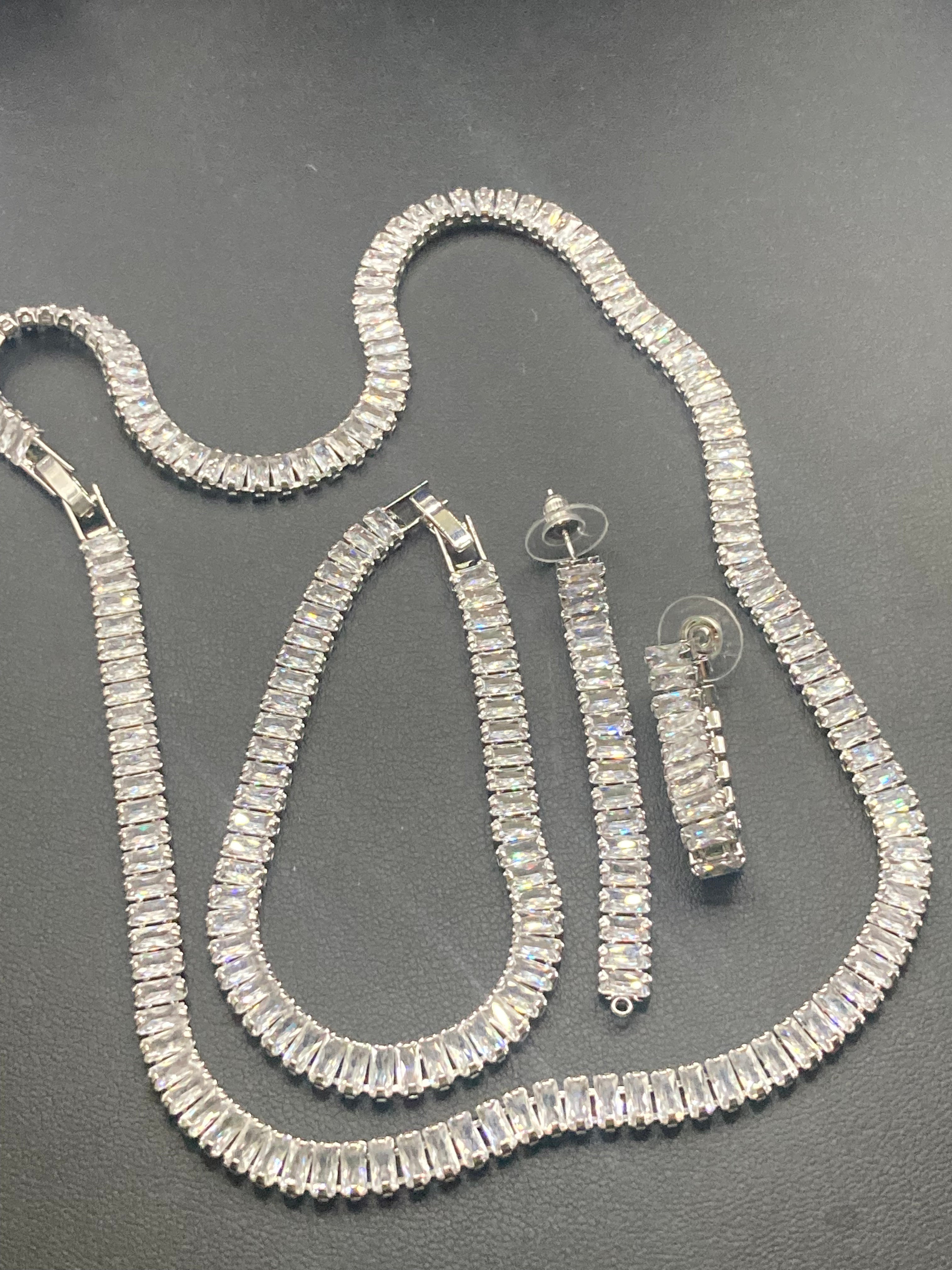 High End clear CZ necklace baguette Crystal diamanté White gold plated