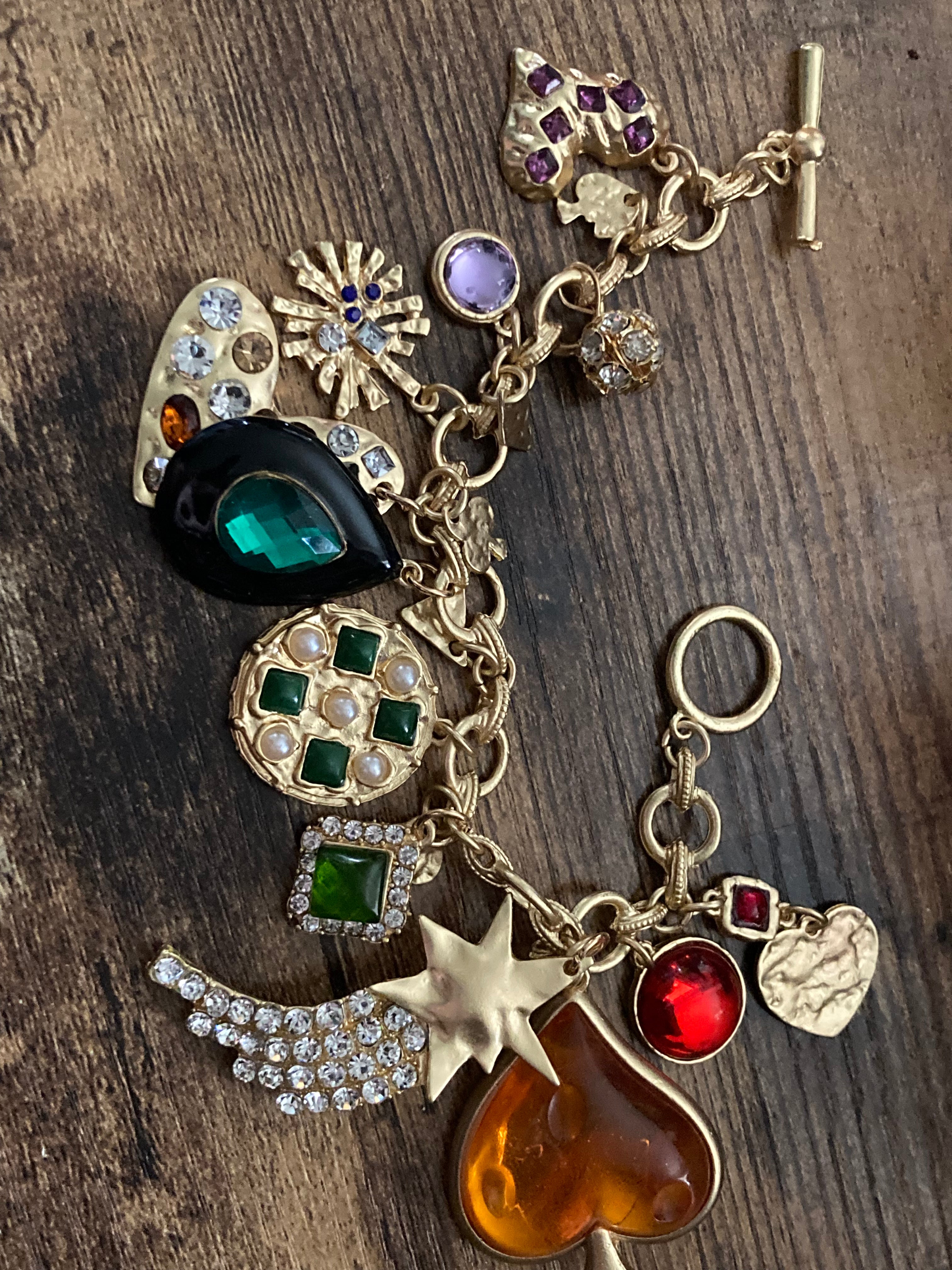 Vintage style chunky gold charm bracelet love hearts stars