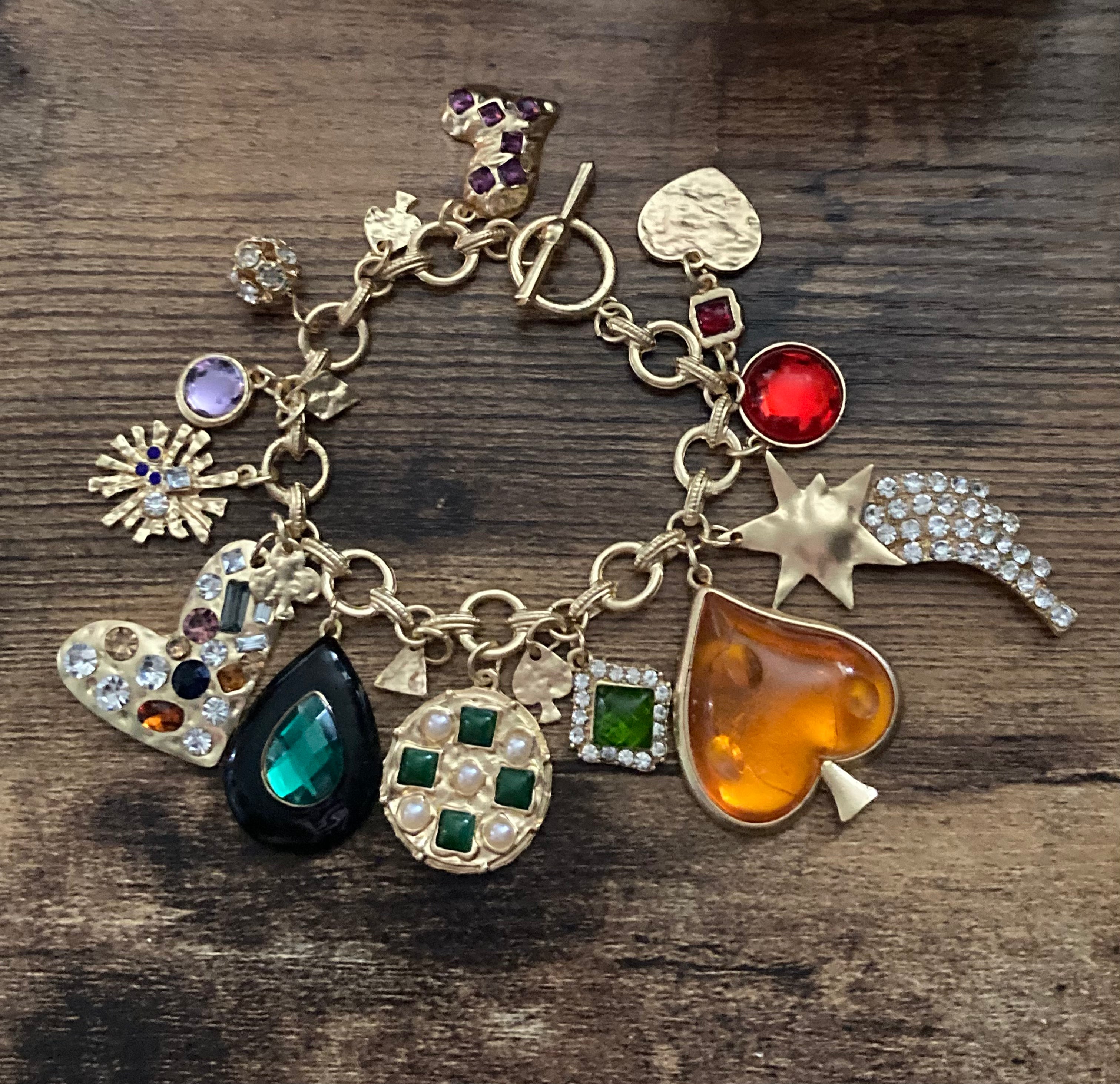 Vintage style chunky gold charm bracelet love hearts stars