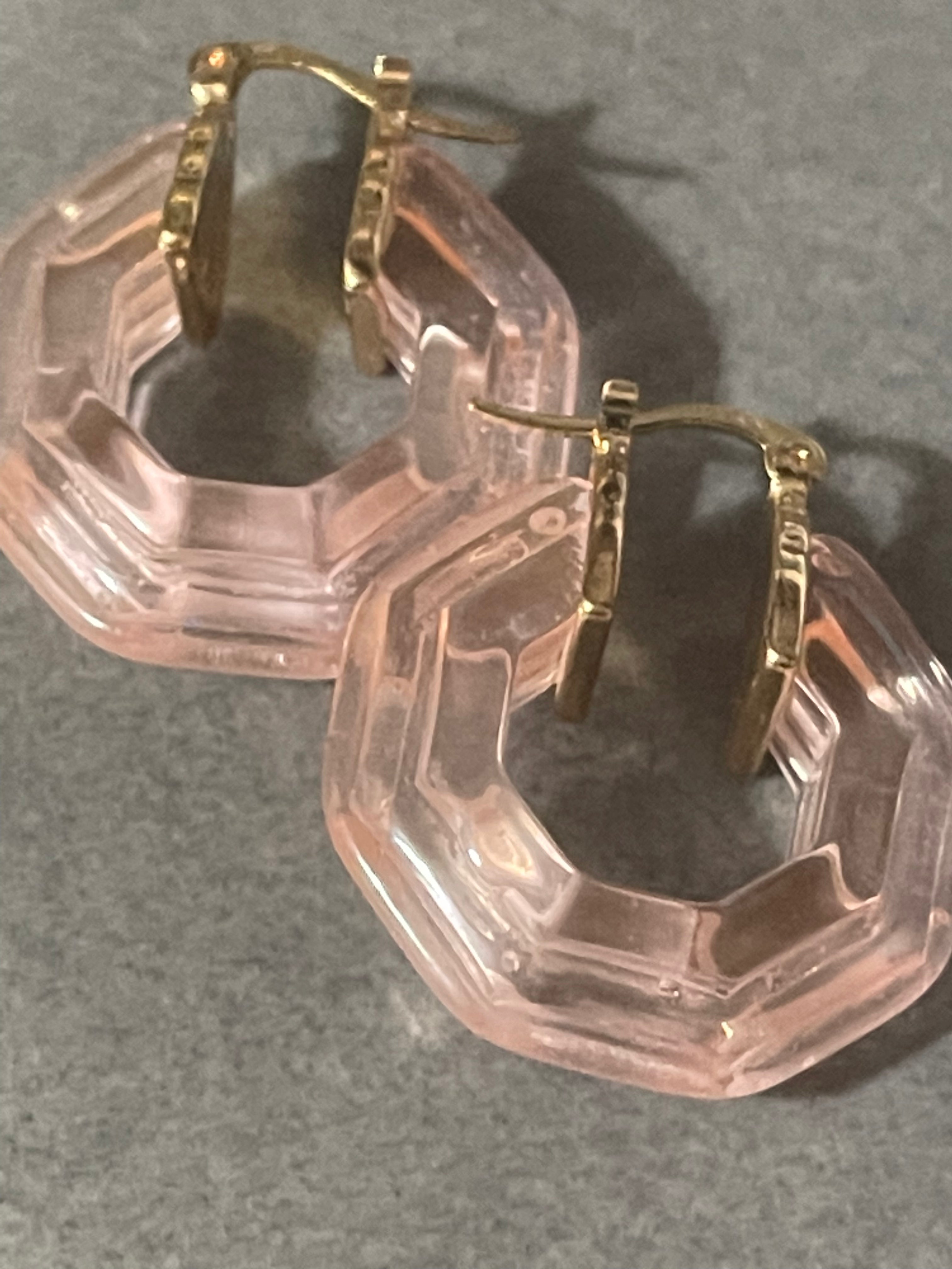Octagonal blush pink acrylic gold tone hoop earrings