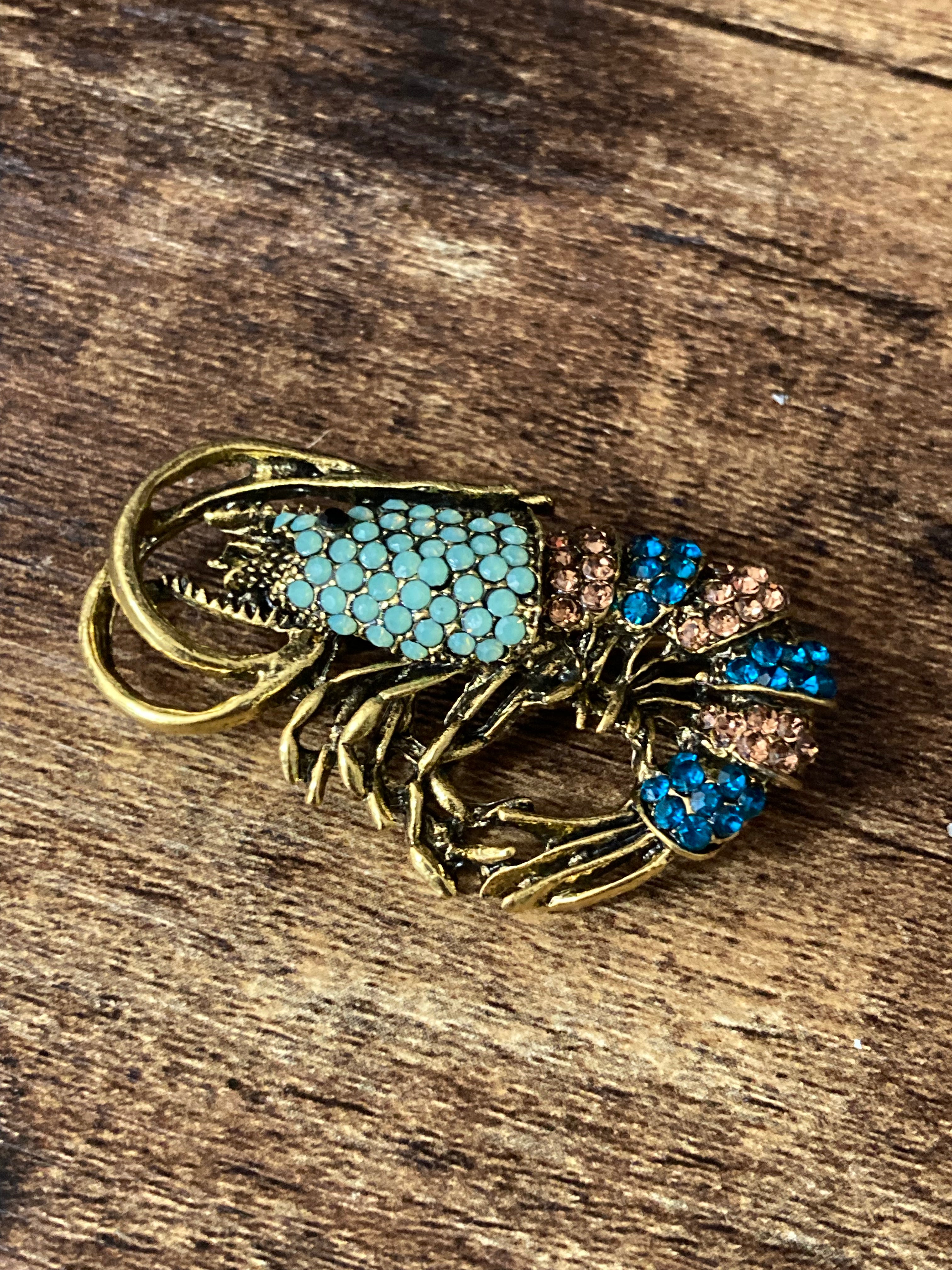 Gold diamanté shrimp prawn brooch