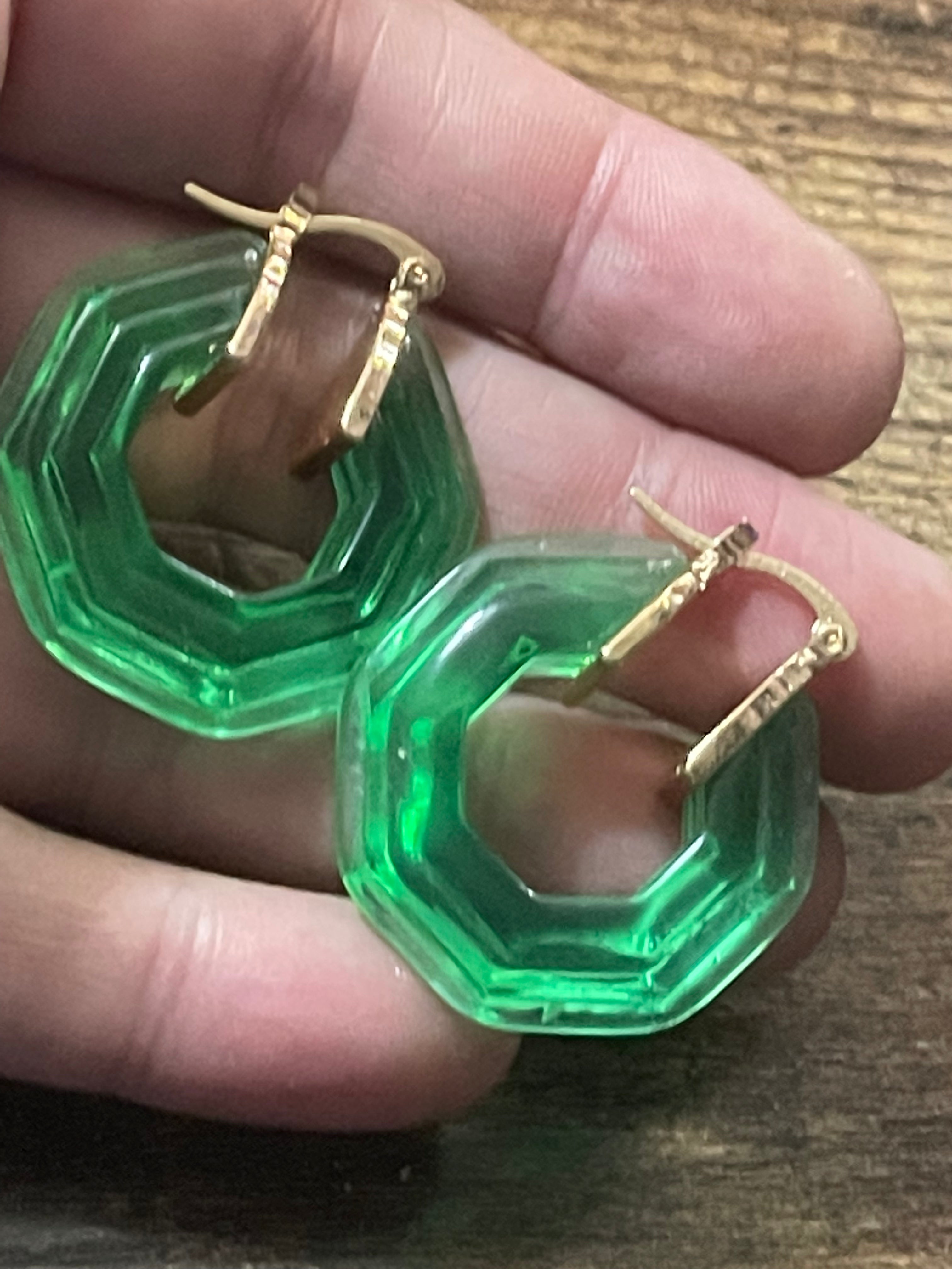Octagonal bright green clear acrylic gold tone hoop earrings