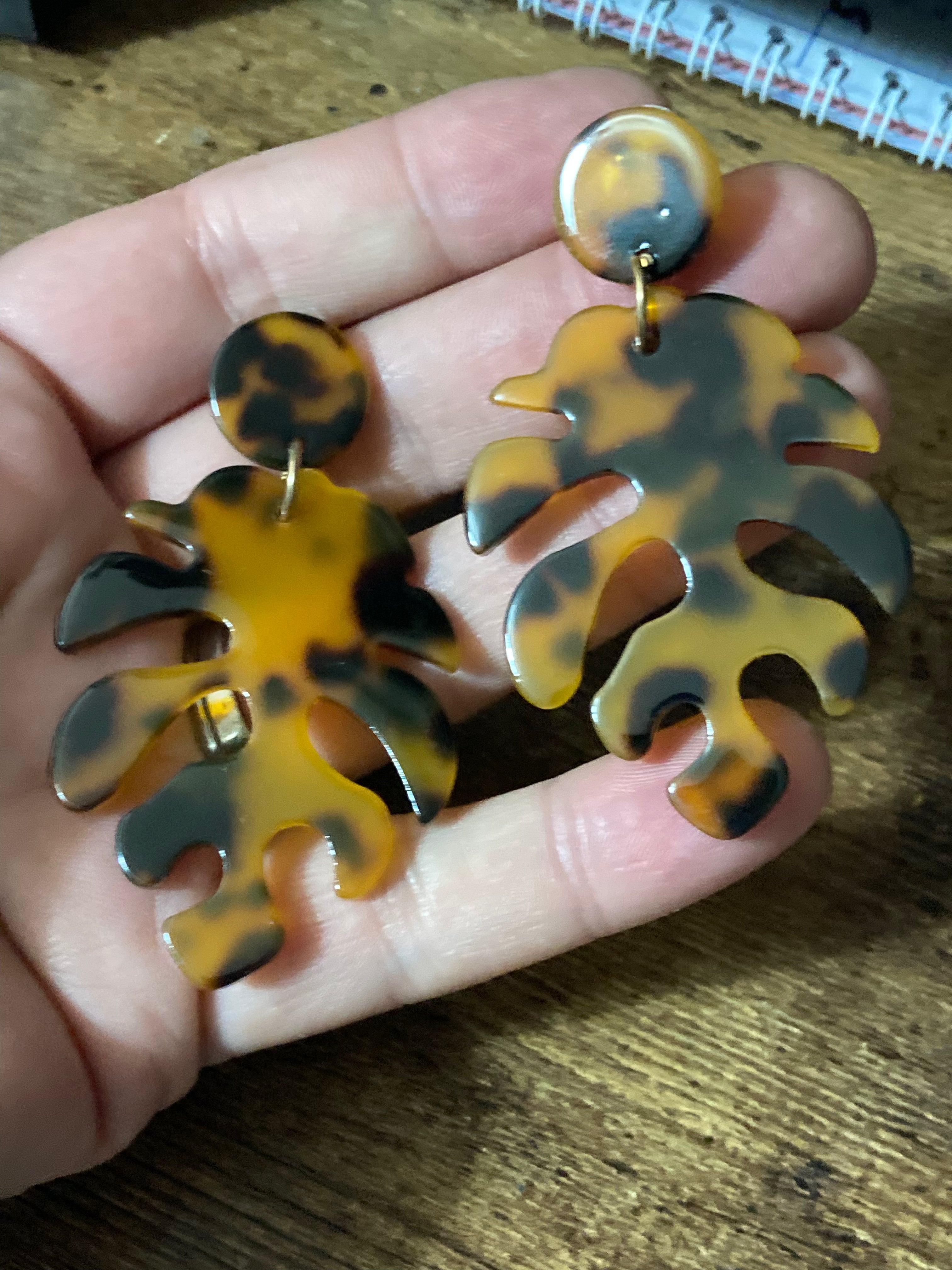 Large tortoiseshell palm leaf earrings