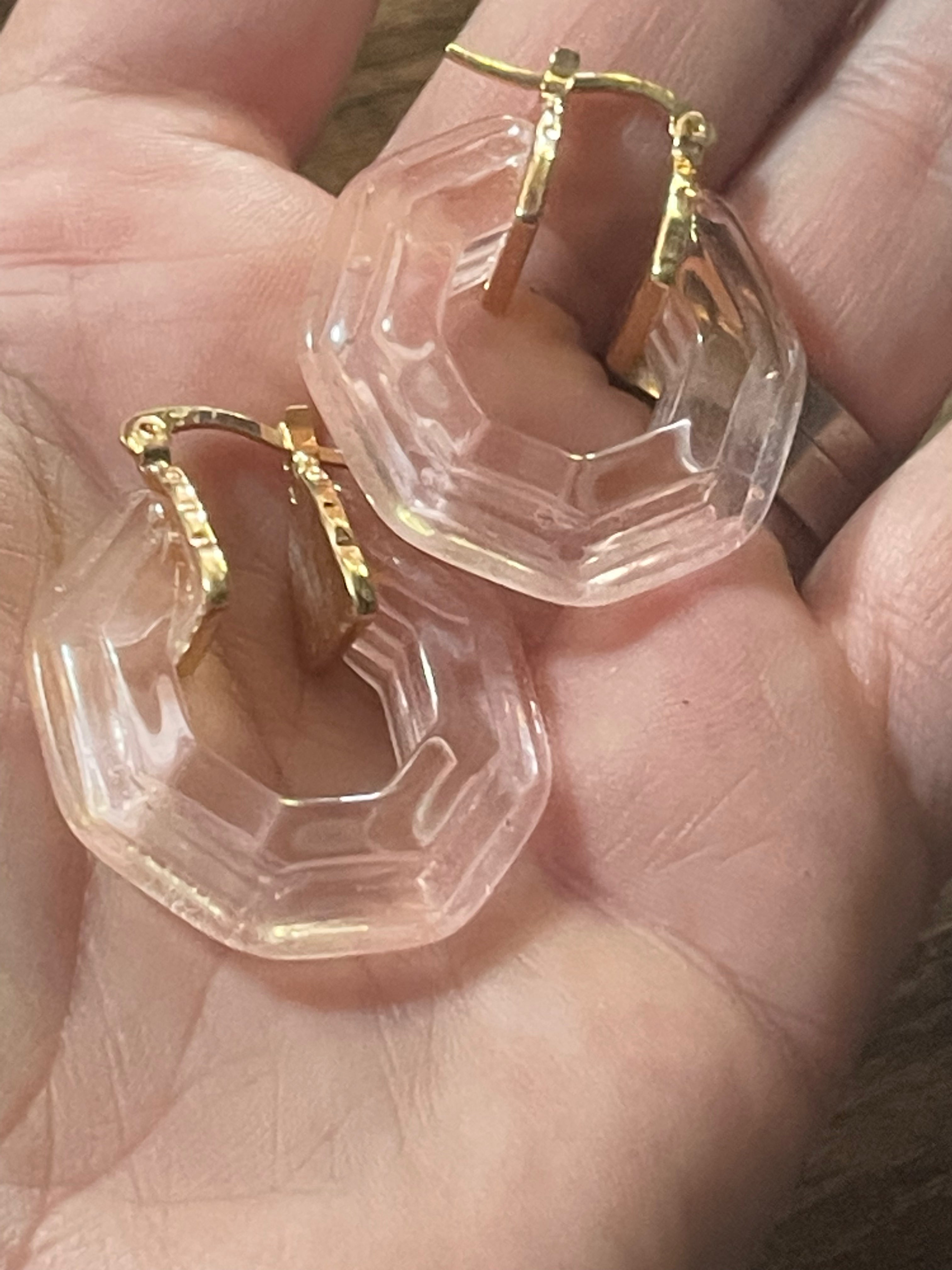 Octagonal blush pink acrylic gold tone hoop earrings