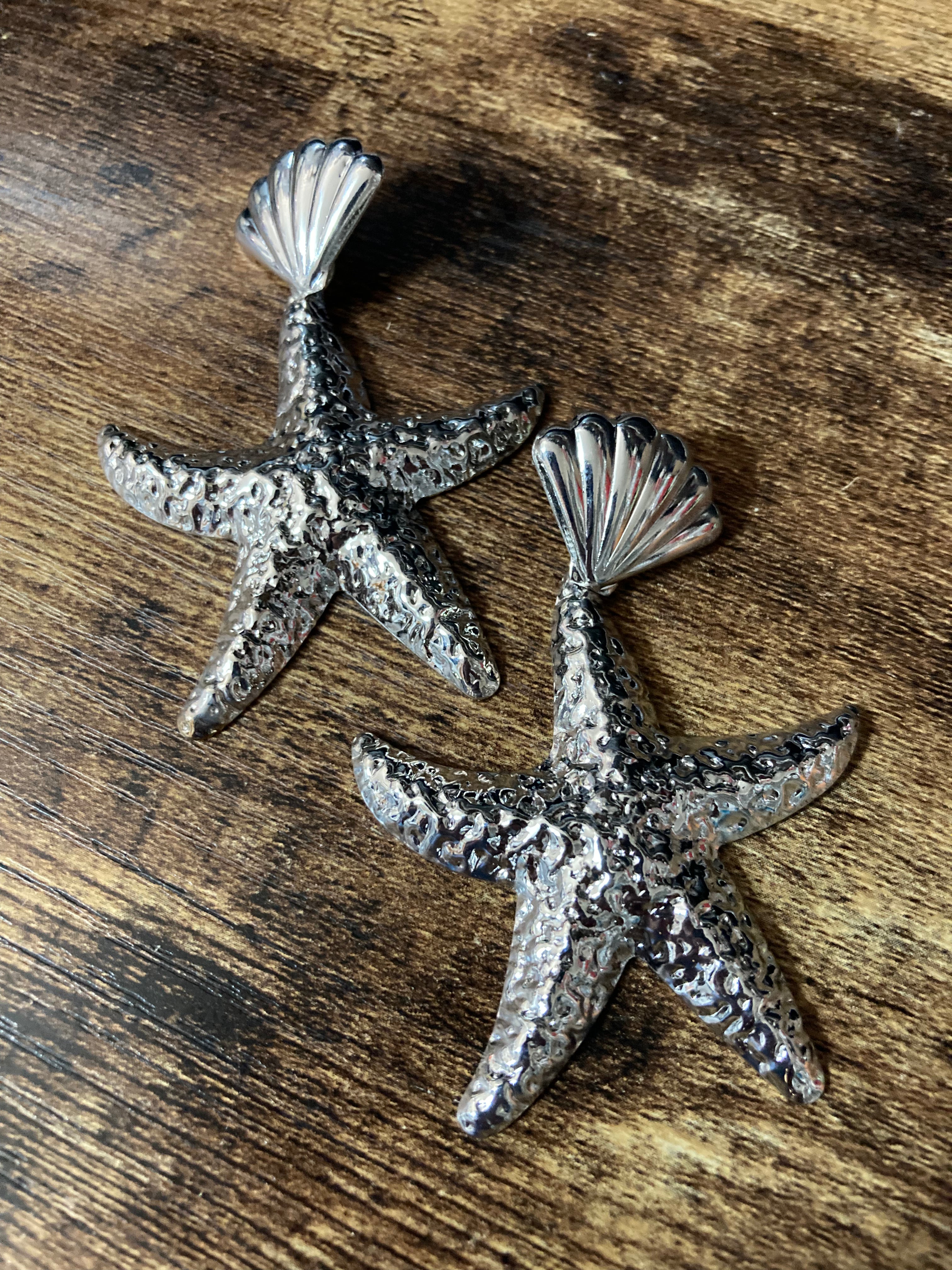 Oversized silver metal starfish earrings