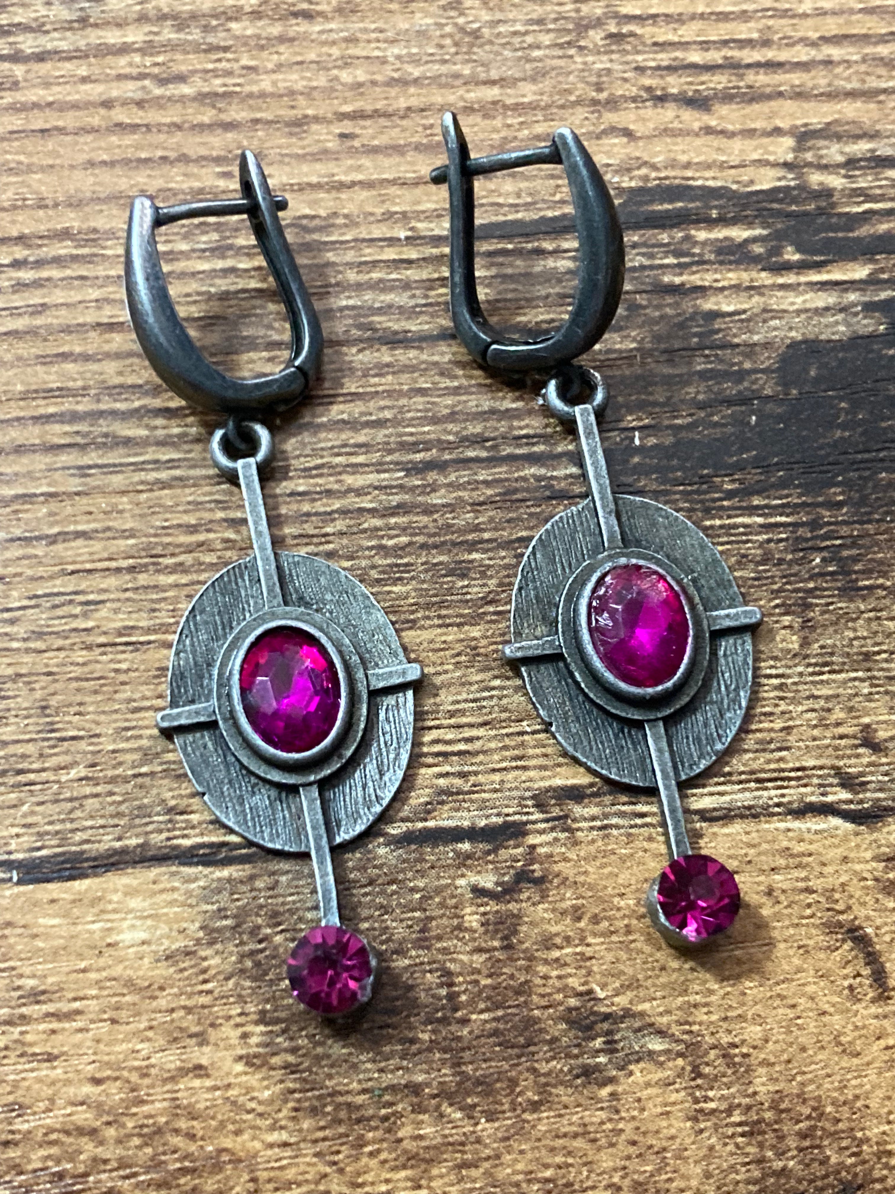 Modernist hot pink diamanté drop earrings