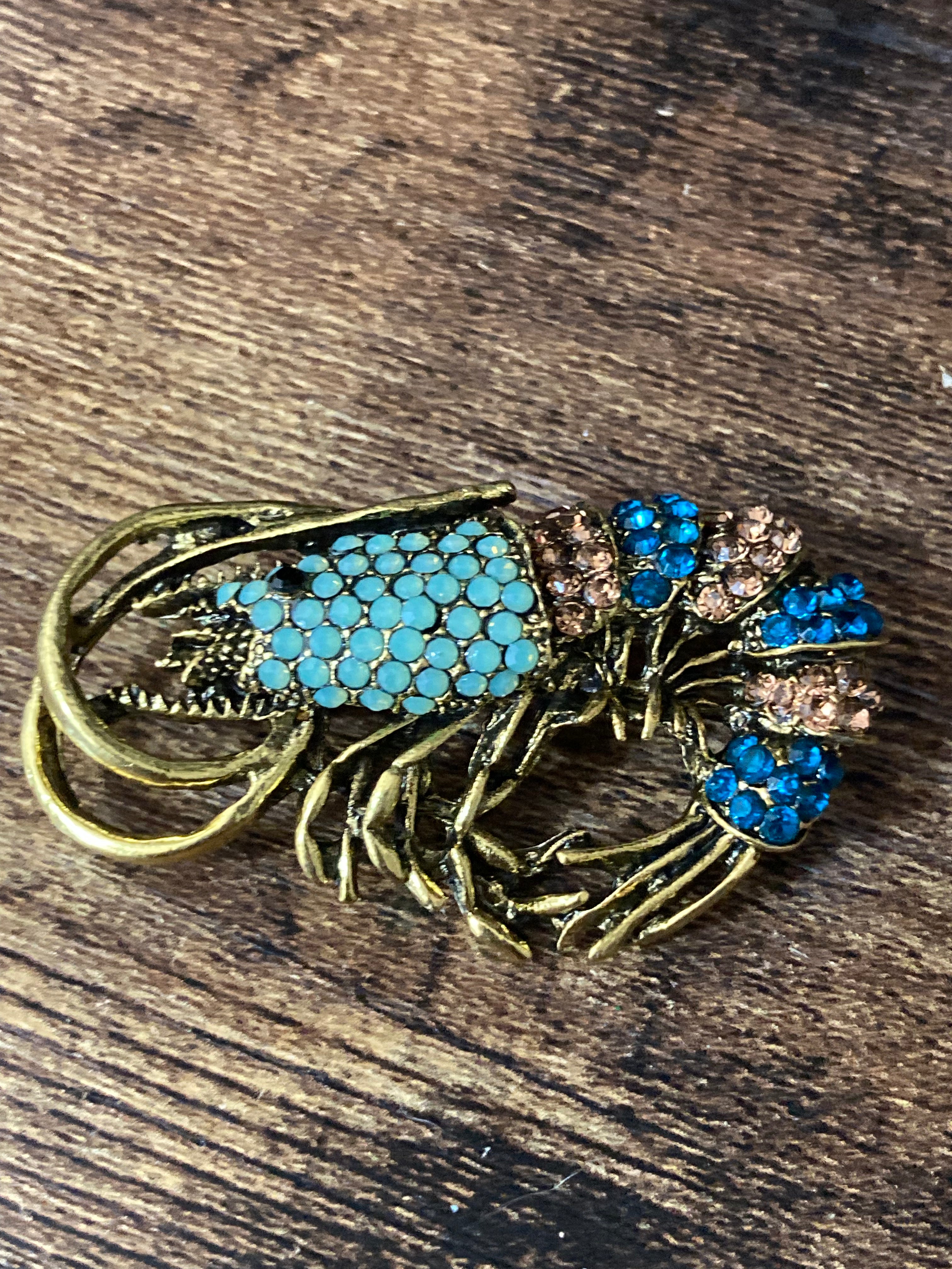 Gold diamanté shrimp prawn brooch