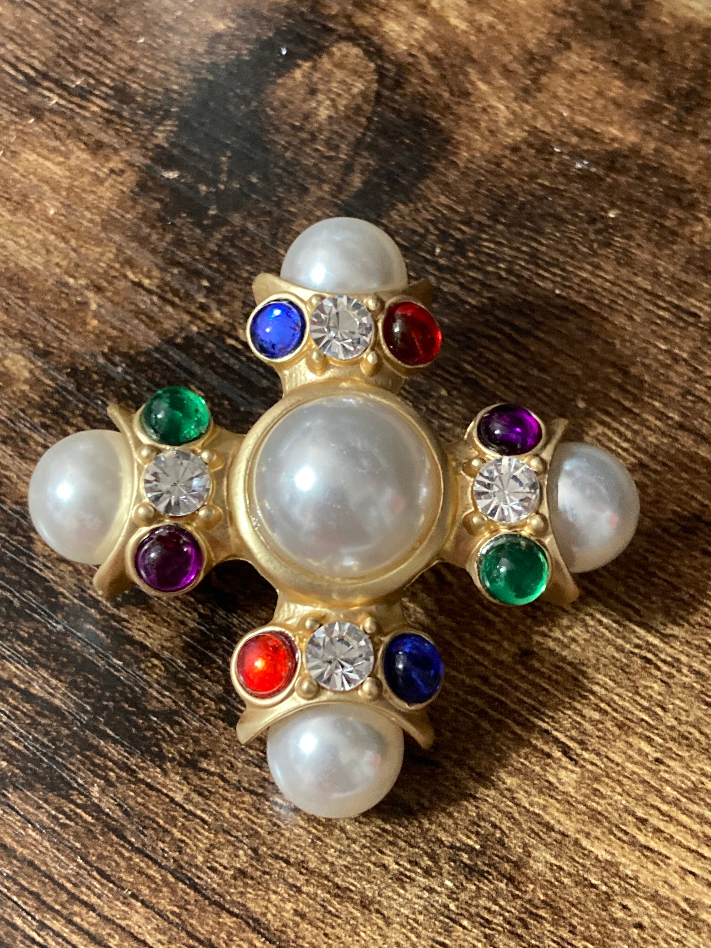 Large diamanté pearl Maltese cross brooch and pendant