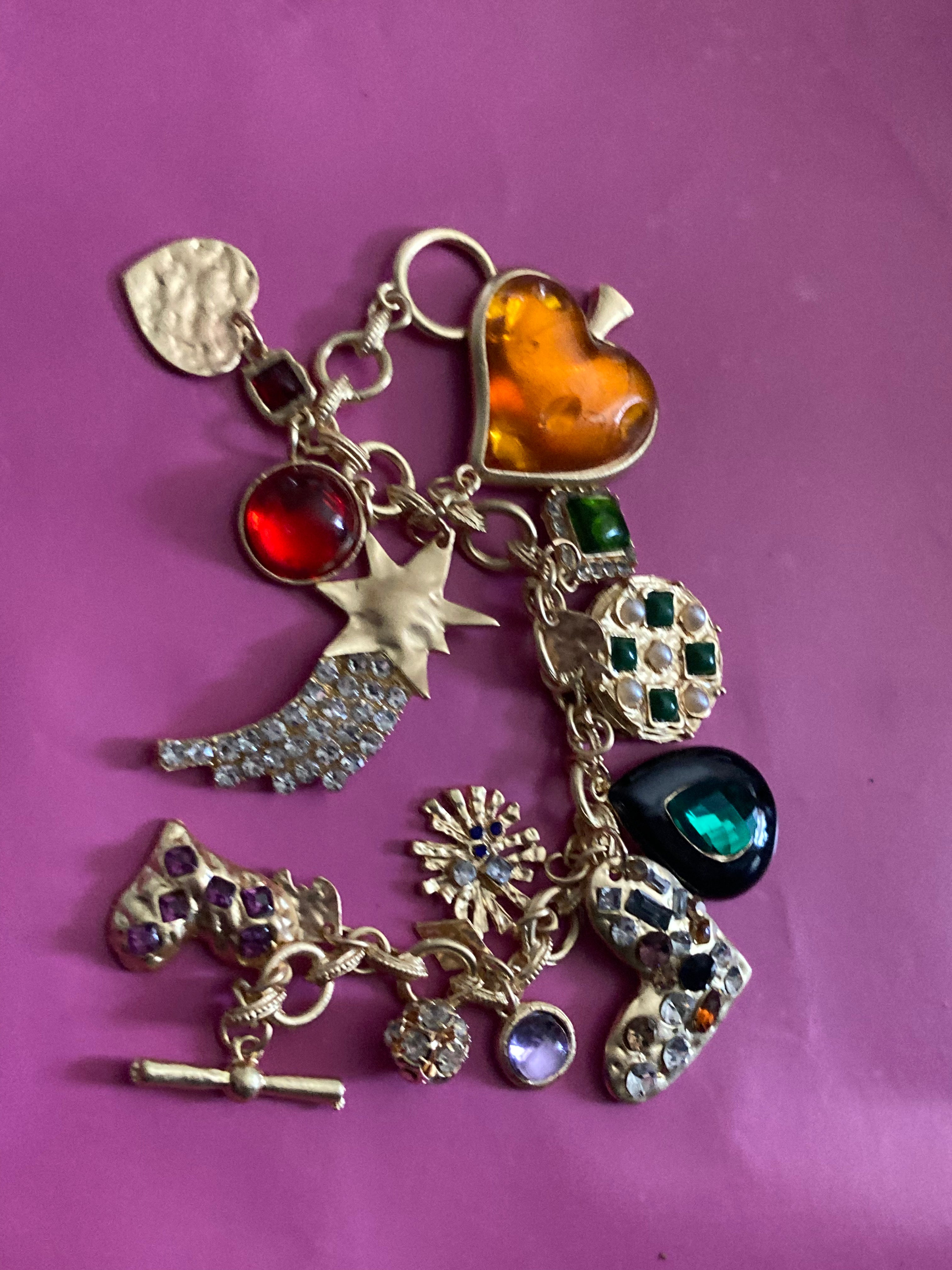 Vintage style chunky gold charm bracelet love hearts stars