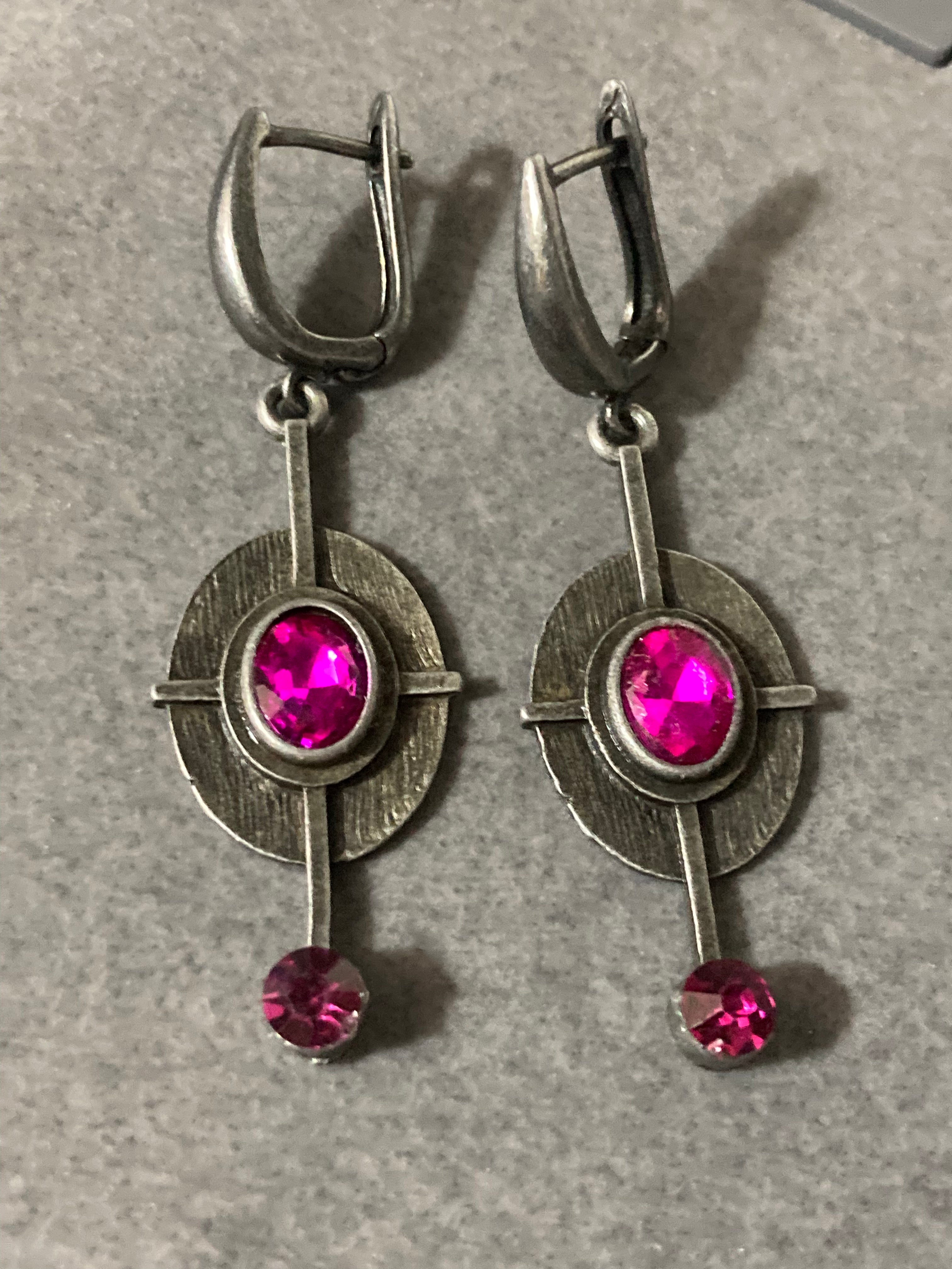 Modernist hot pink diamanté drop earrings
