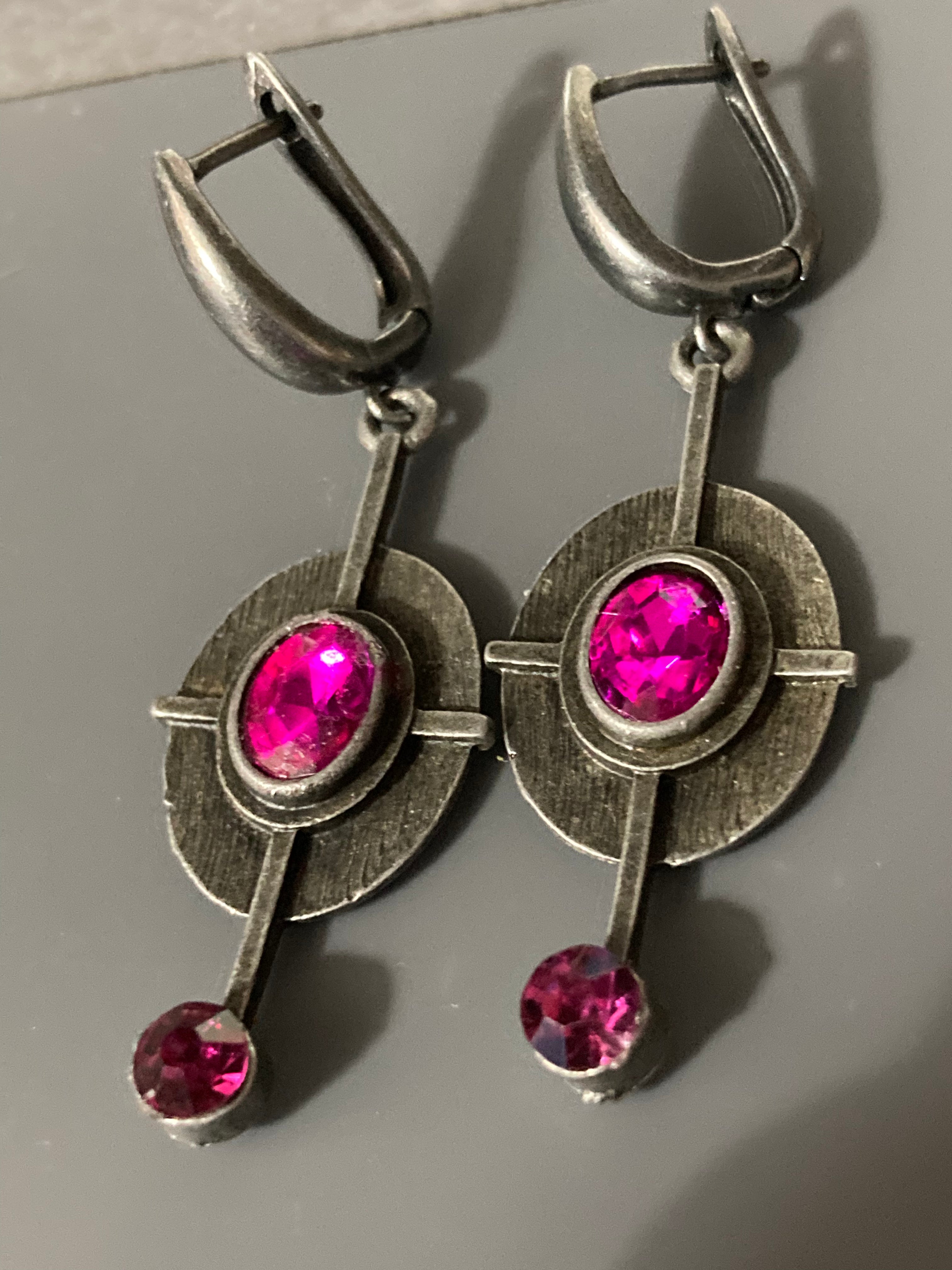 Modernist hot pink diamanté drop earrings