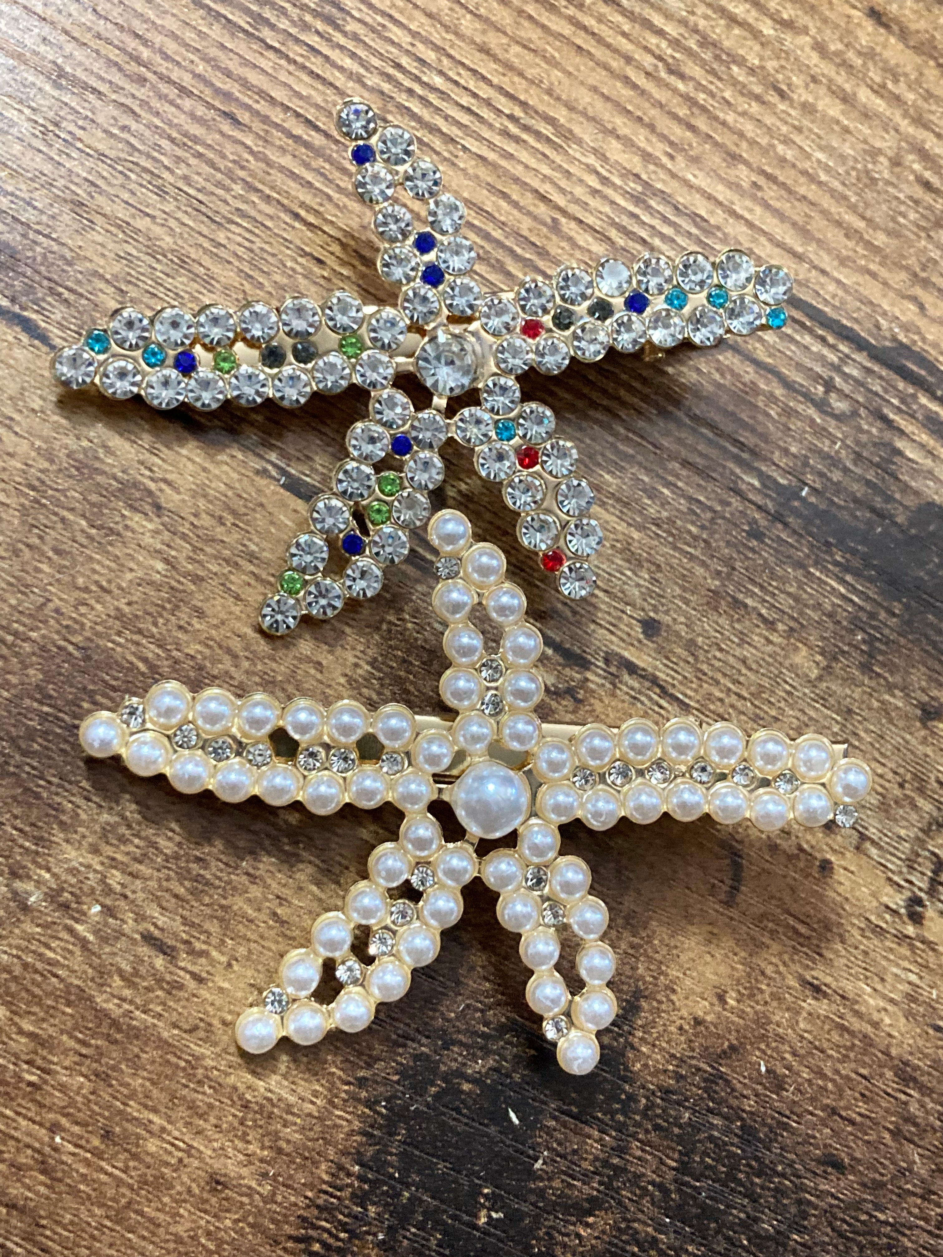 Nautical starfish faux seed pearl diamanté gold tone hair clip