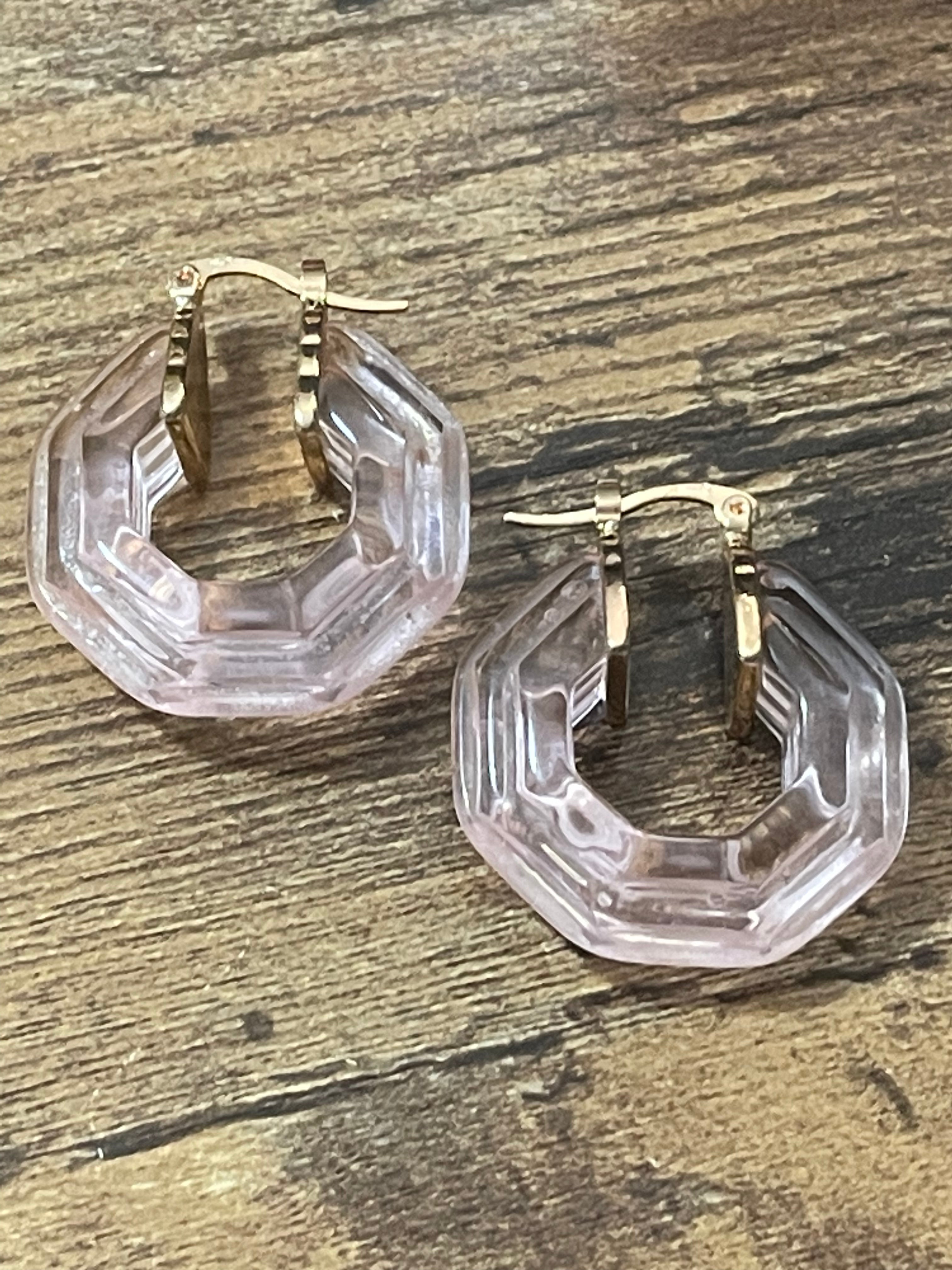 Octagonal blush pink acrylic gold tone hoop earrings