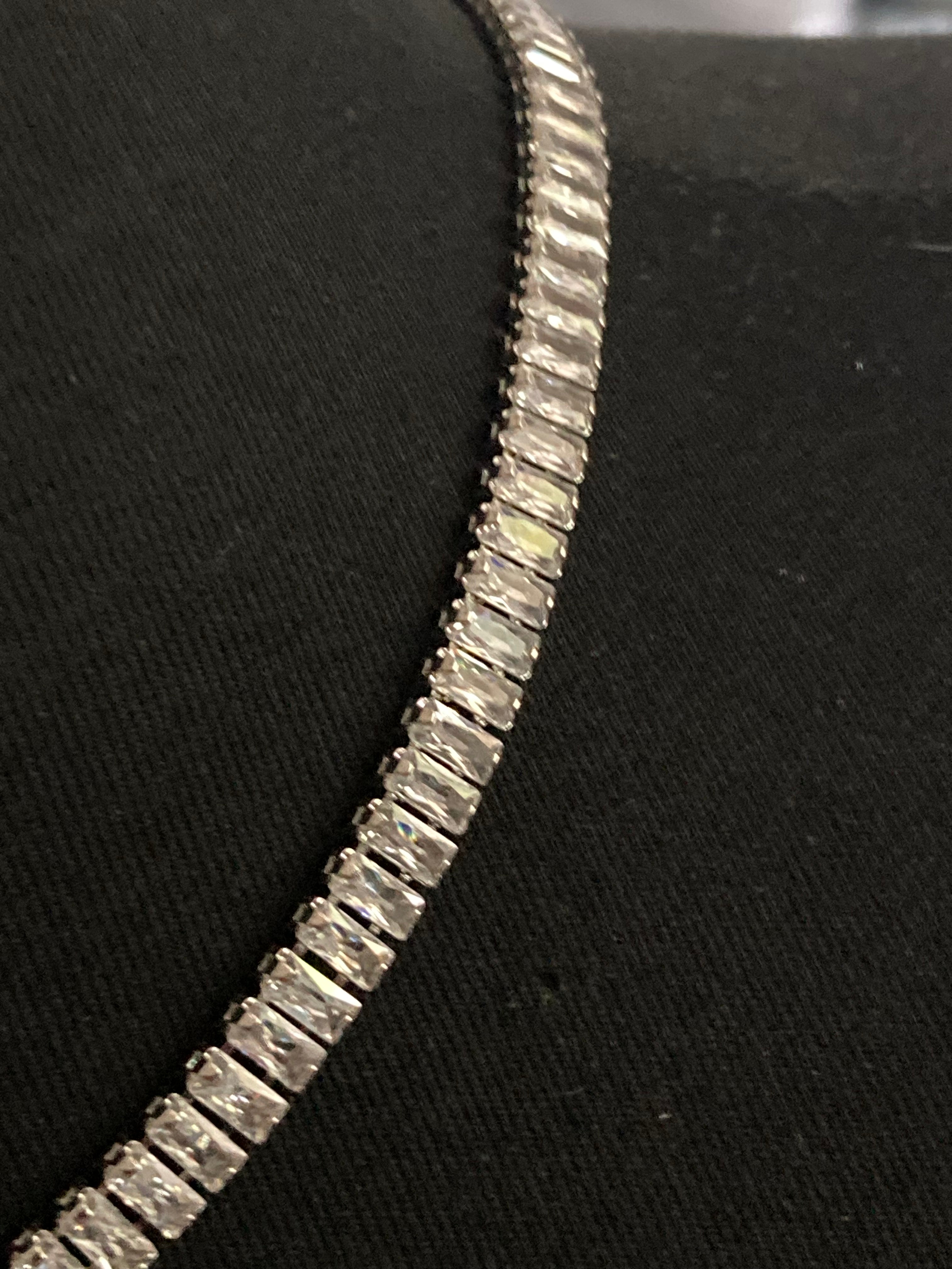 High End clear CZ necklace baguette Crystal diamanté White gold plated