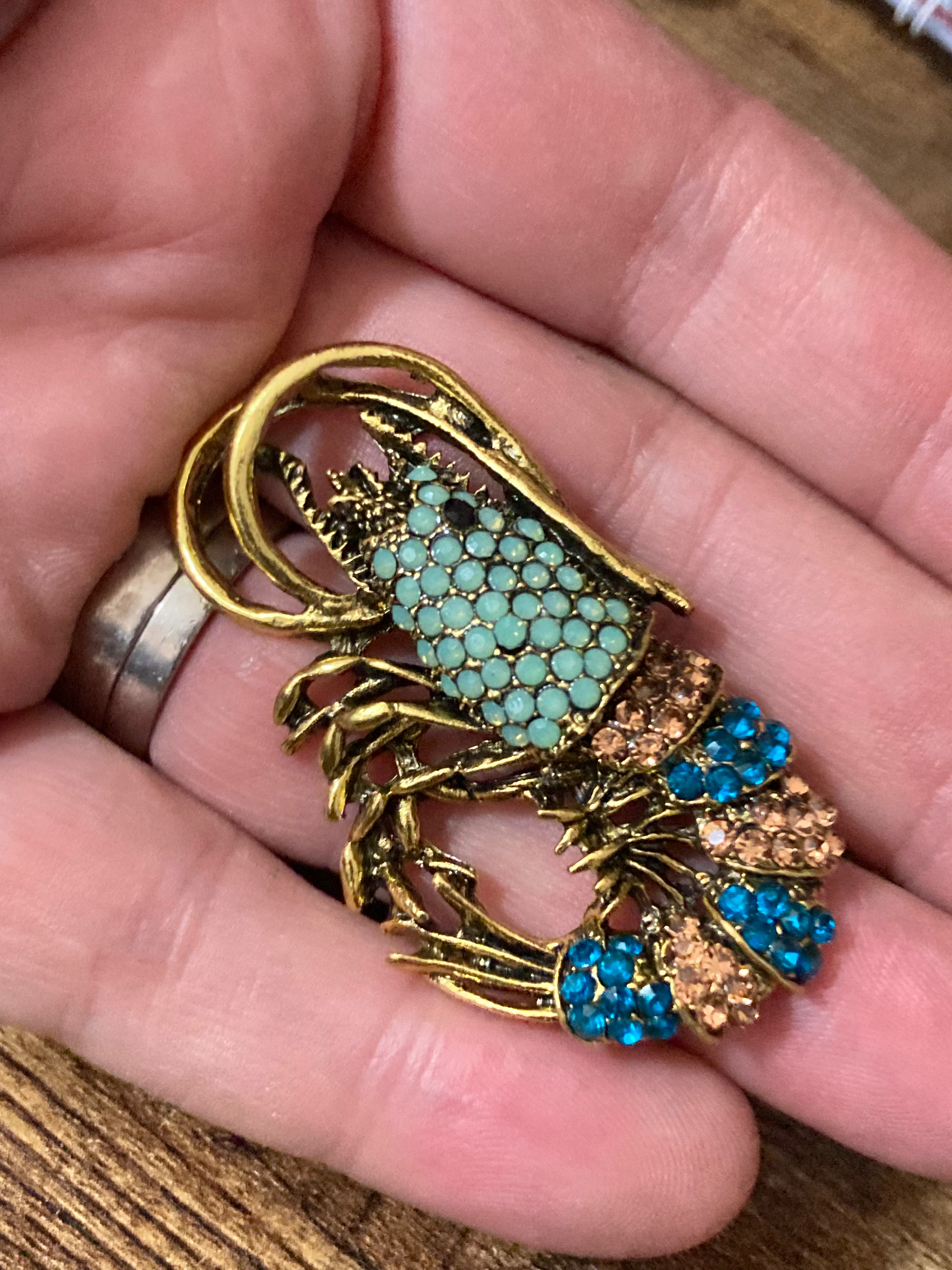 Gold diamanté shrimp prawn brooch