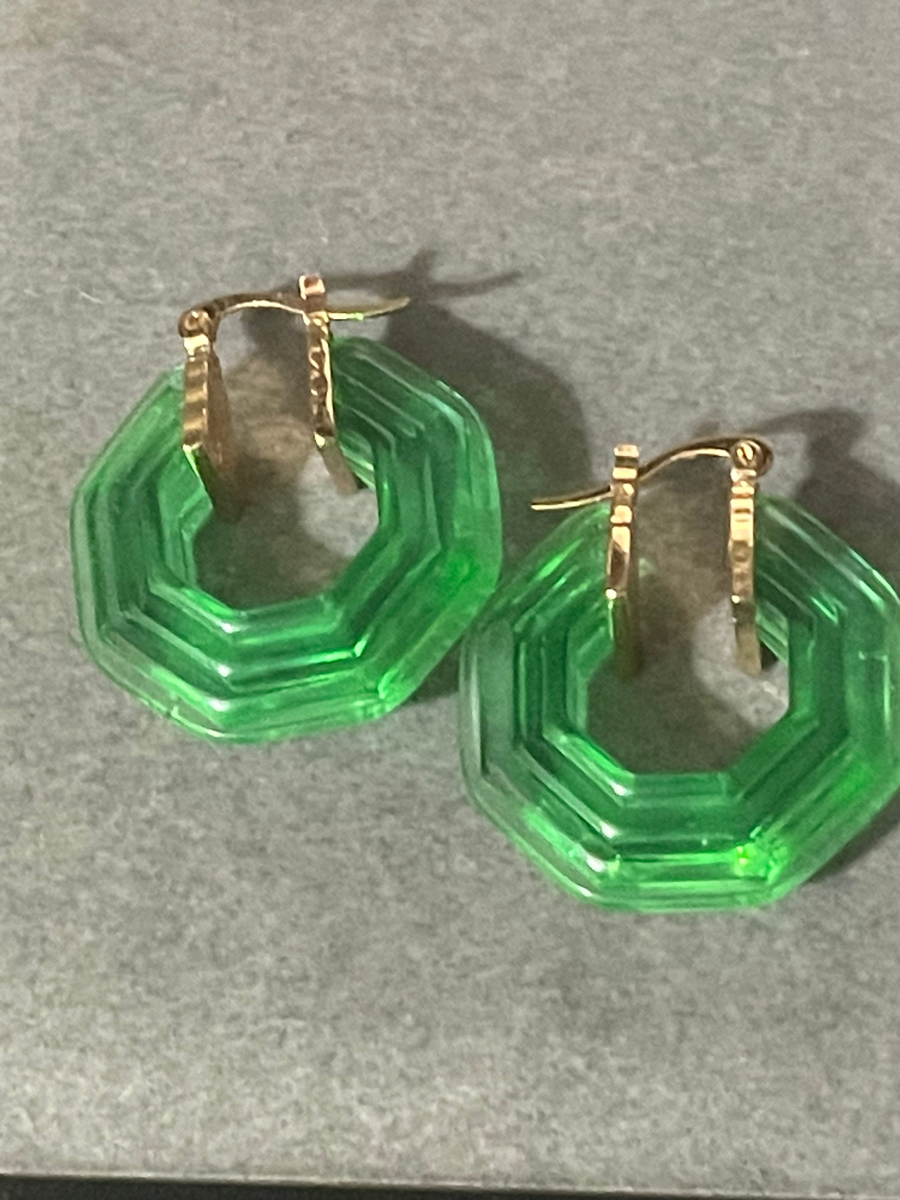 Octagonal bright green clear acrylic gold tone hoop earrings