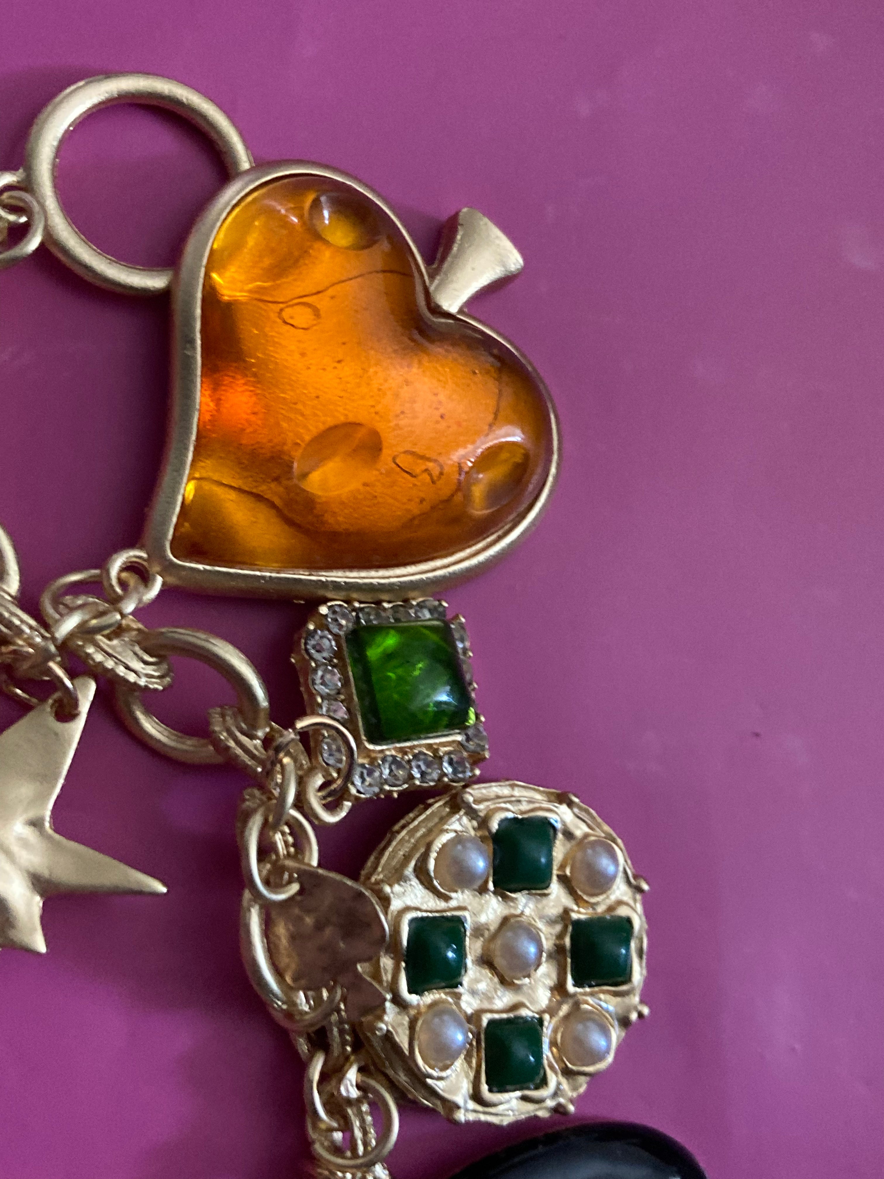 Vintage style chunky gold charm bracelet love hearts stars