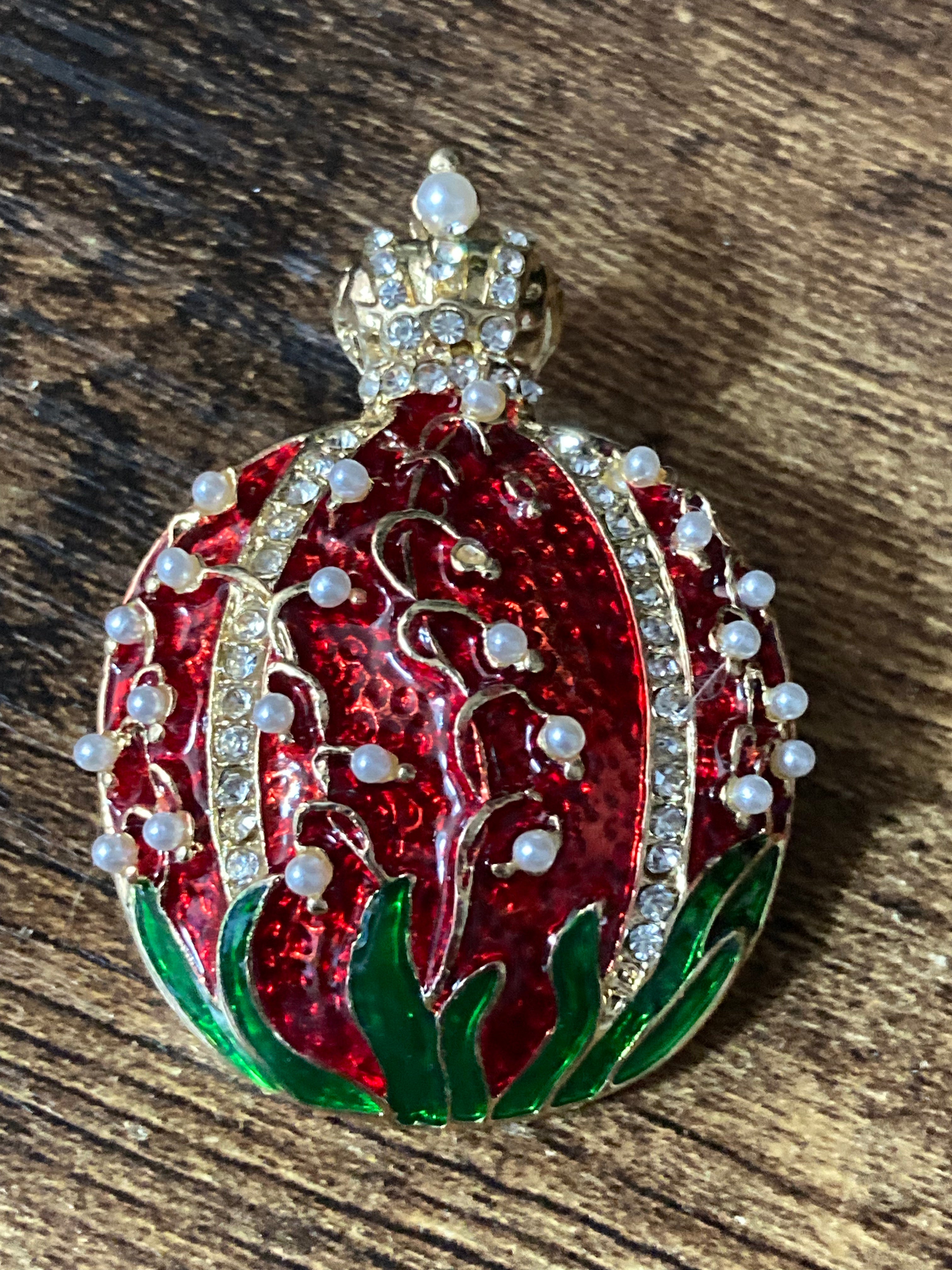 Red enamel royal crown pomegranate fruit brooch