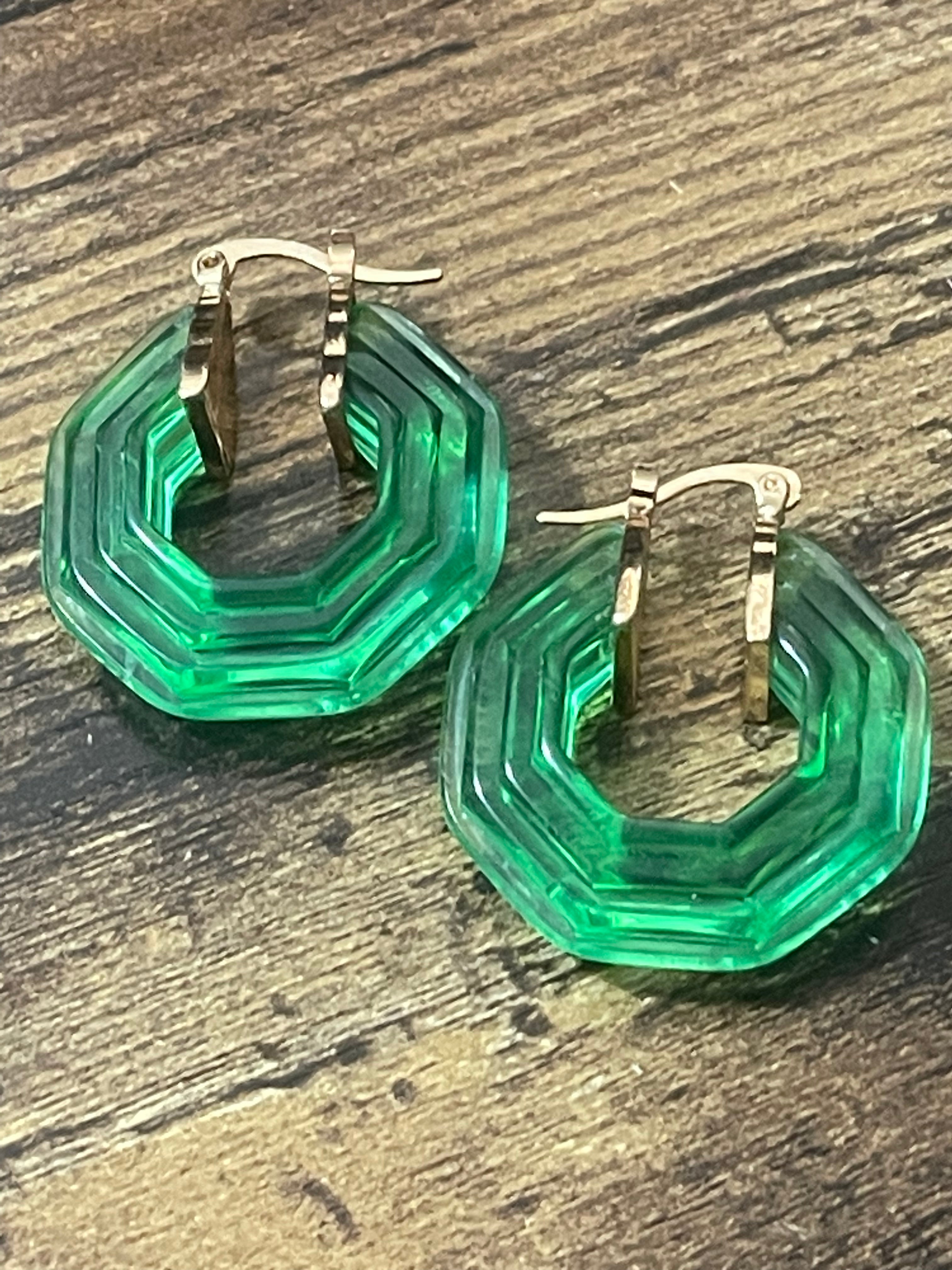 Octagonal bright green clear acrylic gold tone hoop earrings