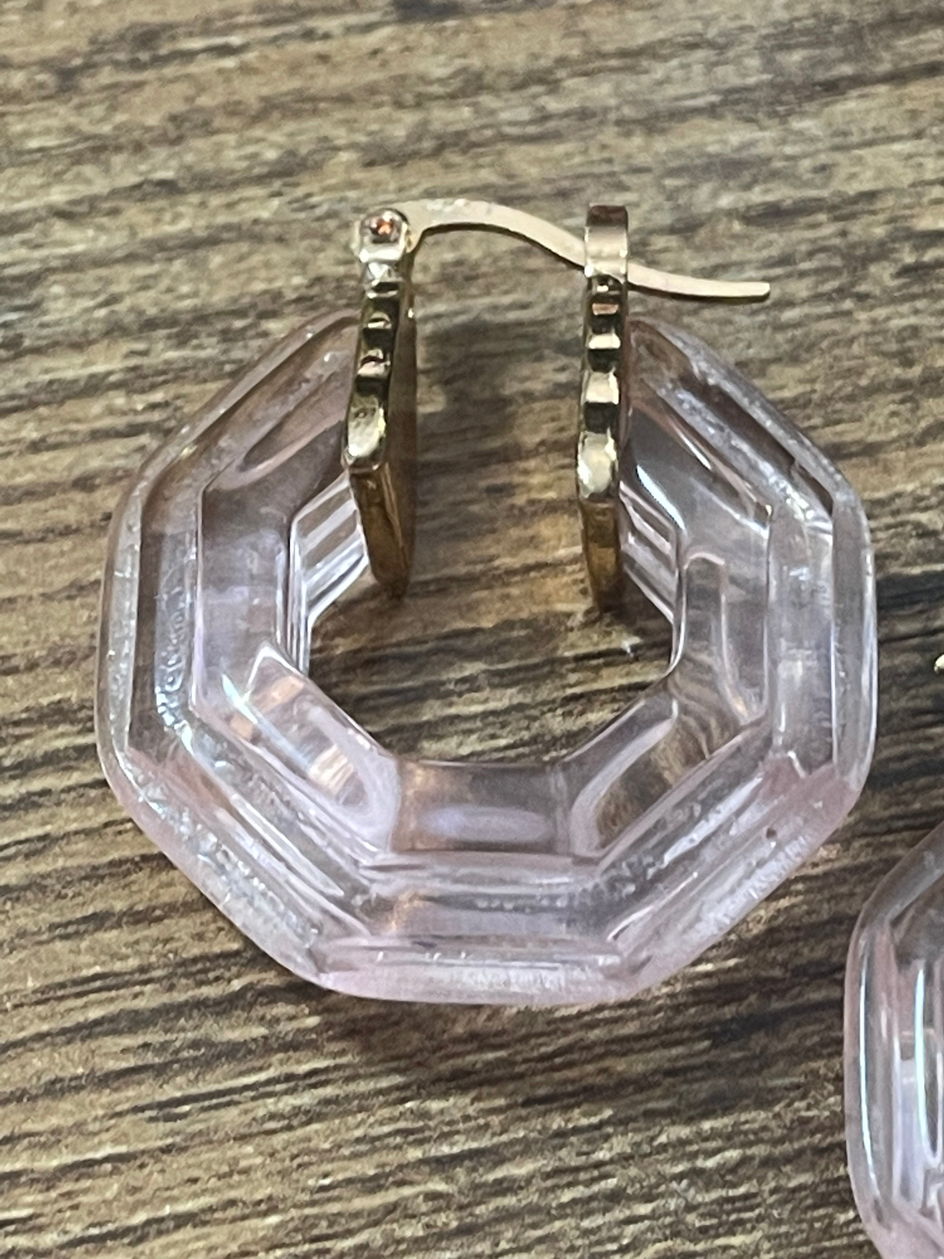 Octagonal blush pink acrylic gold tone hoop earrings