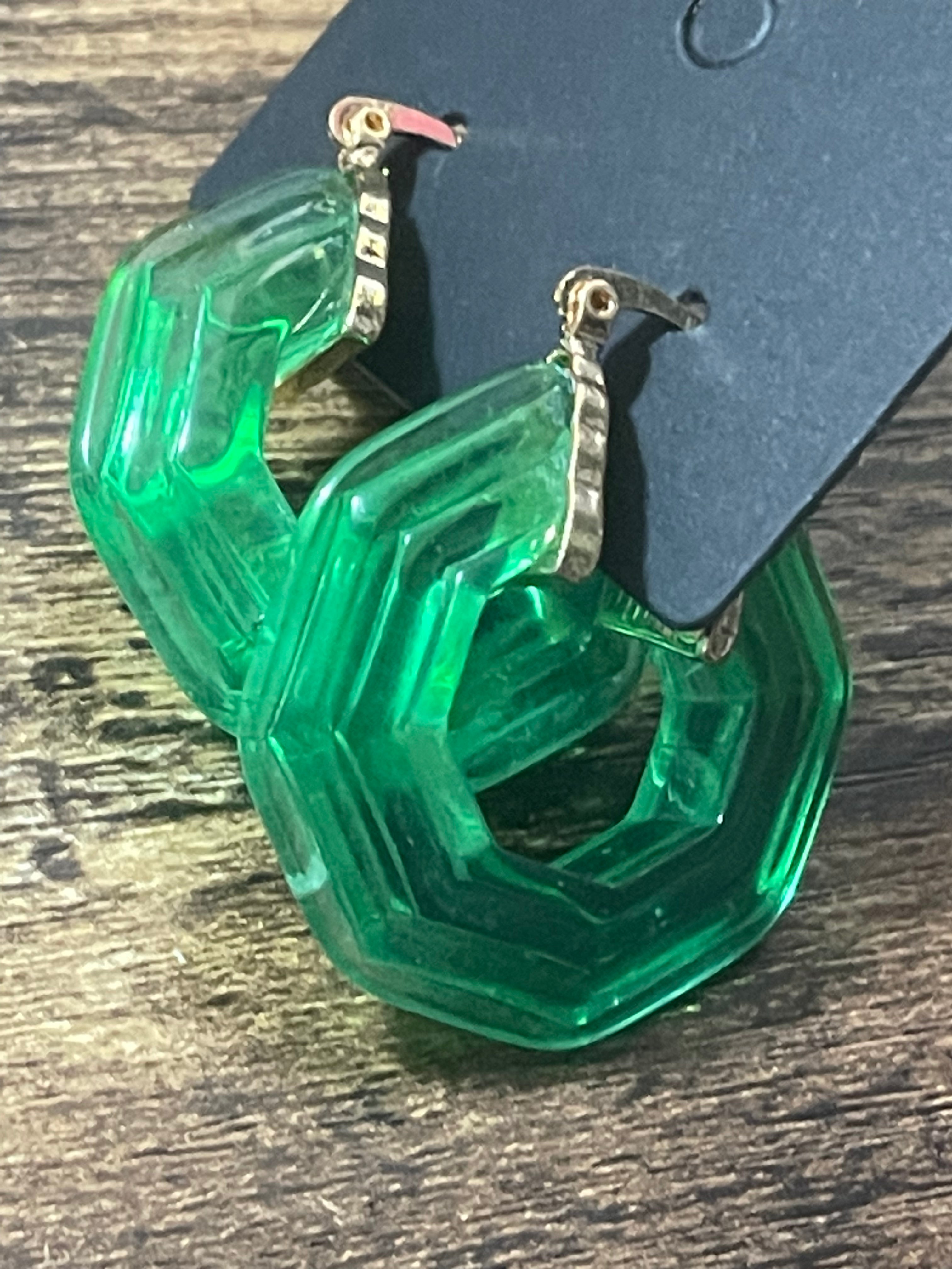 Octagonal bright green clear acrylic gold tone hoop earrings