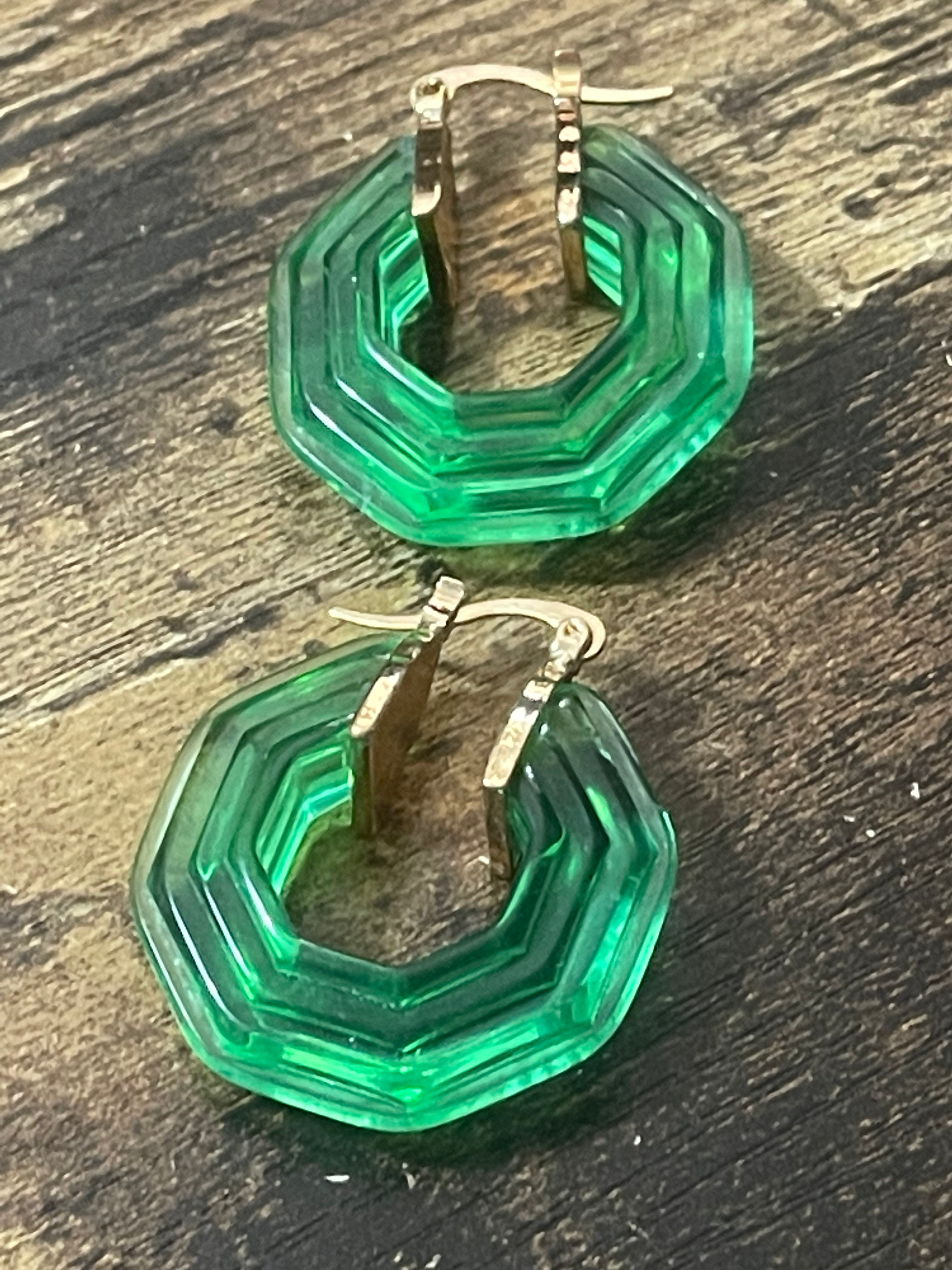 Octagonal bright green clear acrylic gold tone hoop earrings