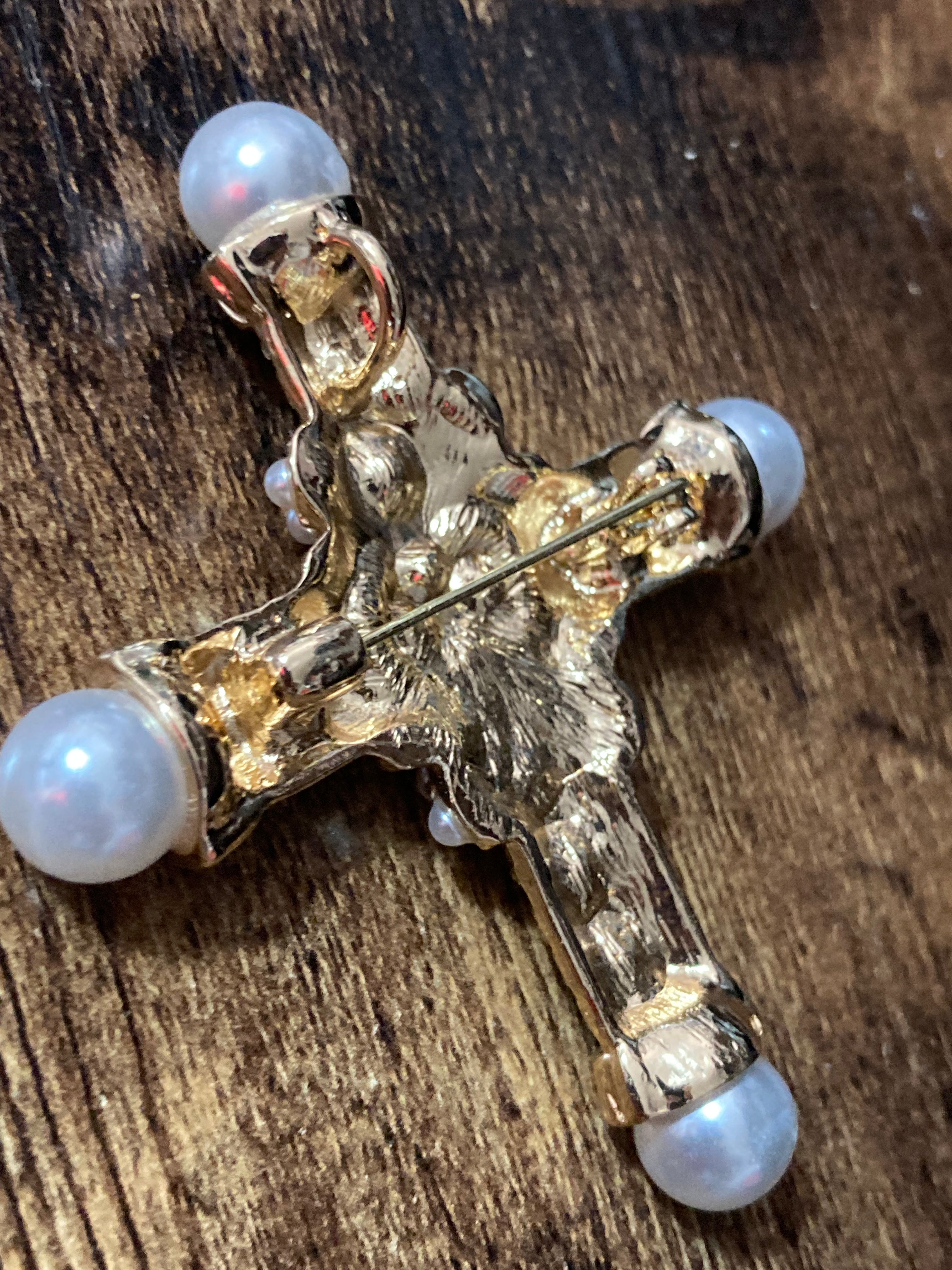 gold cross brooch and pendant with pearl and diamanté