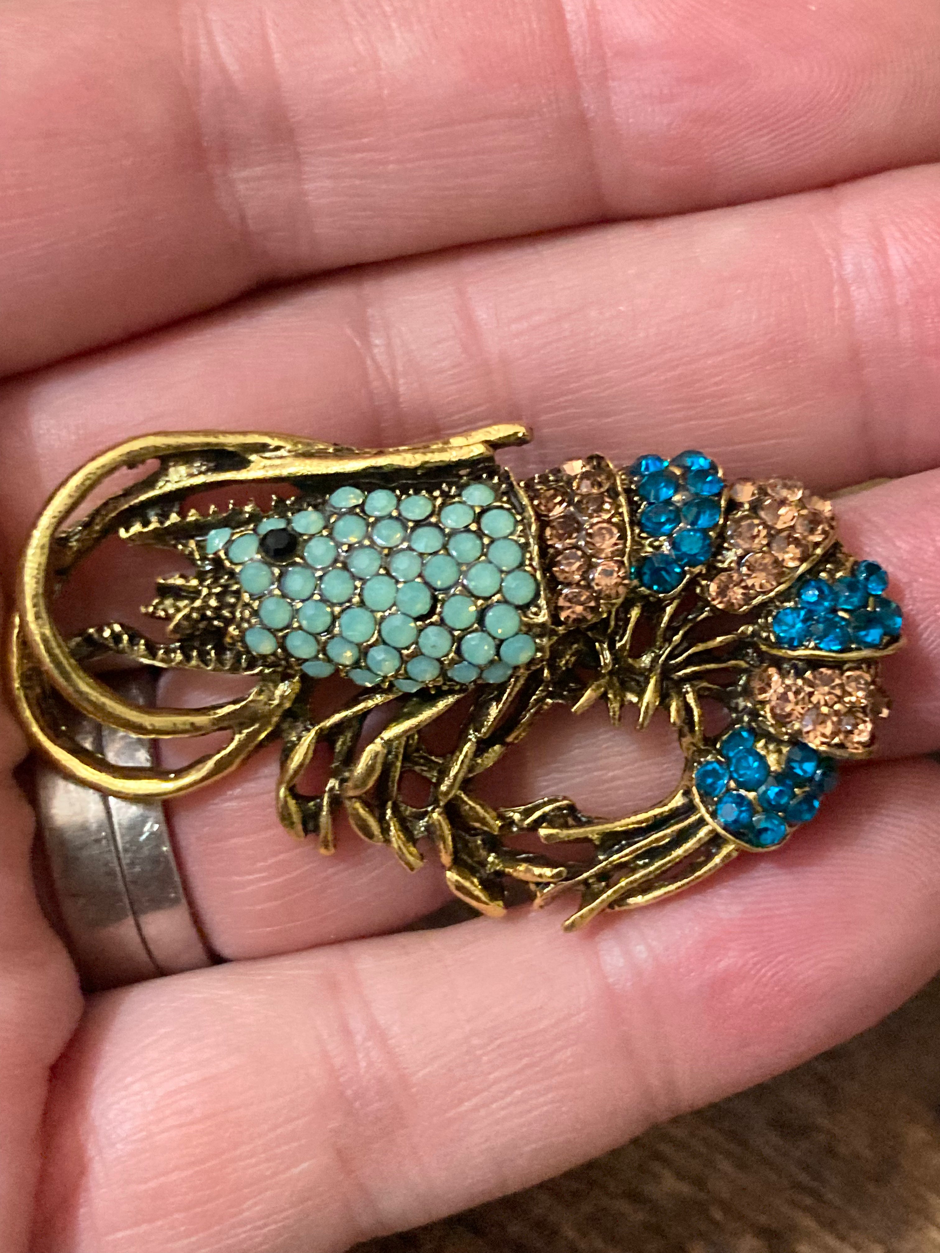 Gold diamanté shrimp prawn brooch