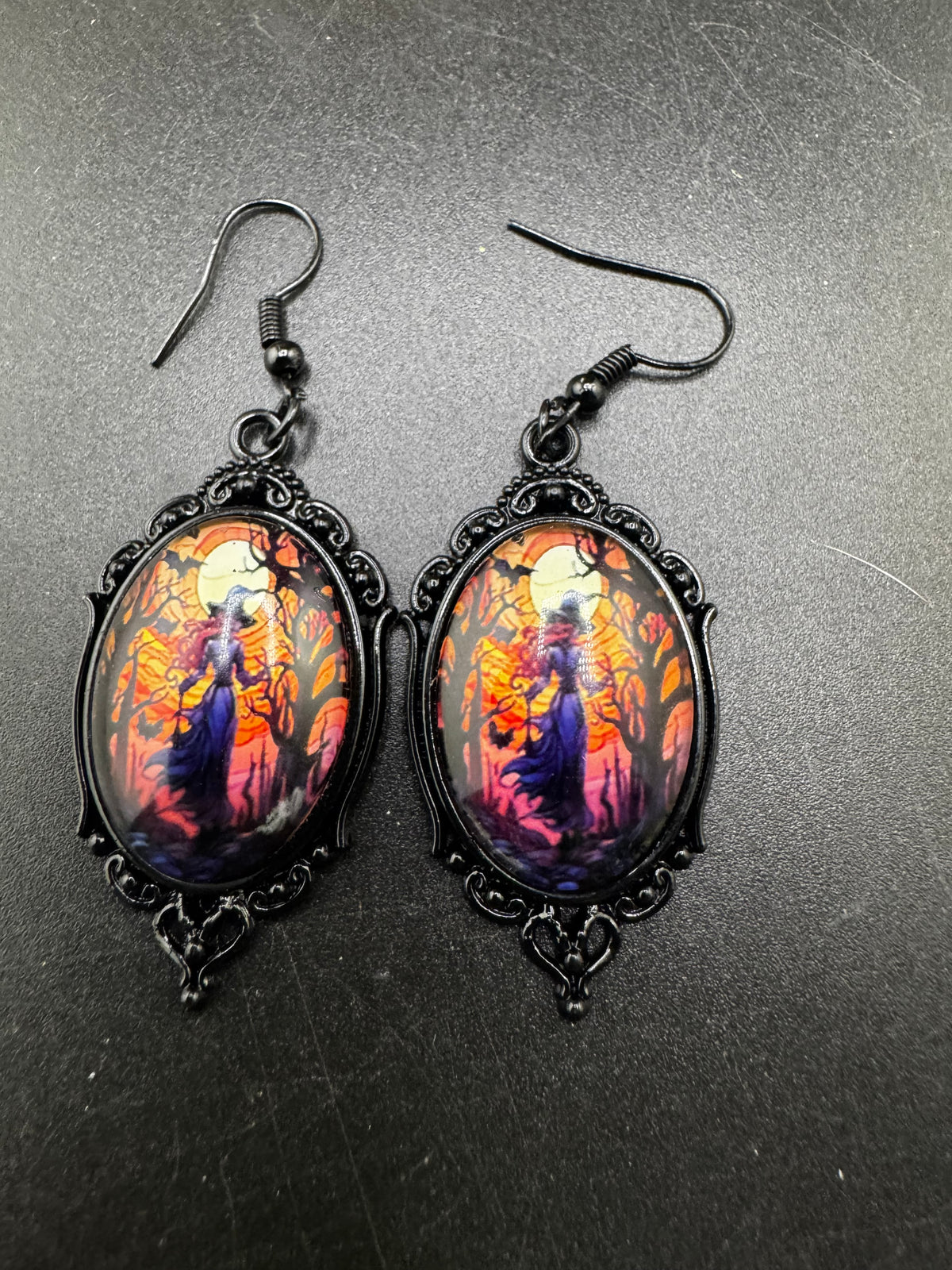 Spooky Halloween witch earrings for pierced ears black and orange